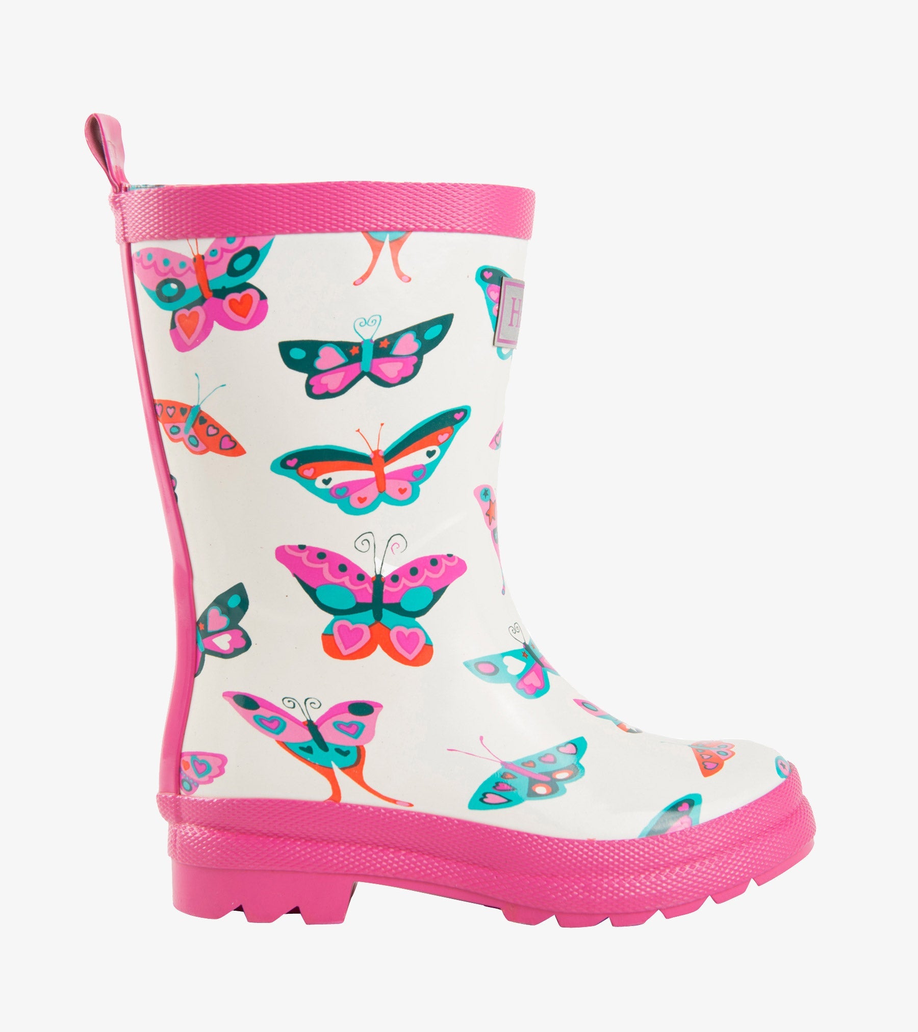 White rain boots with colorful butterfly patterns and pink accents, designed for kids.