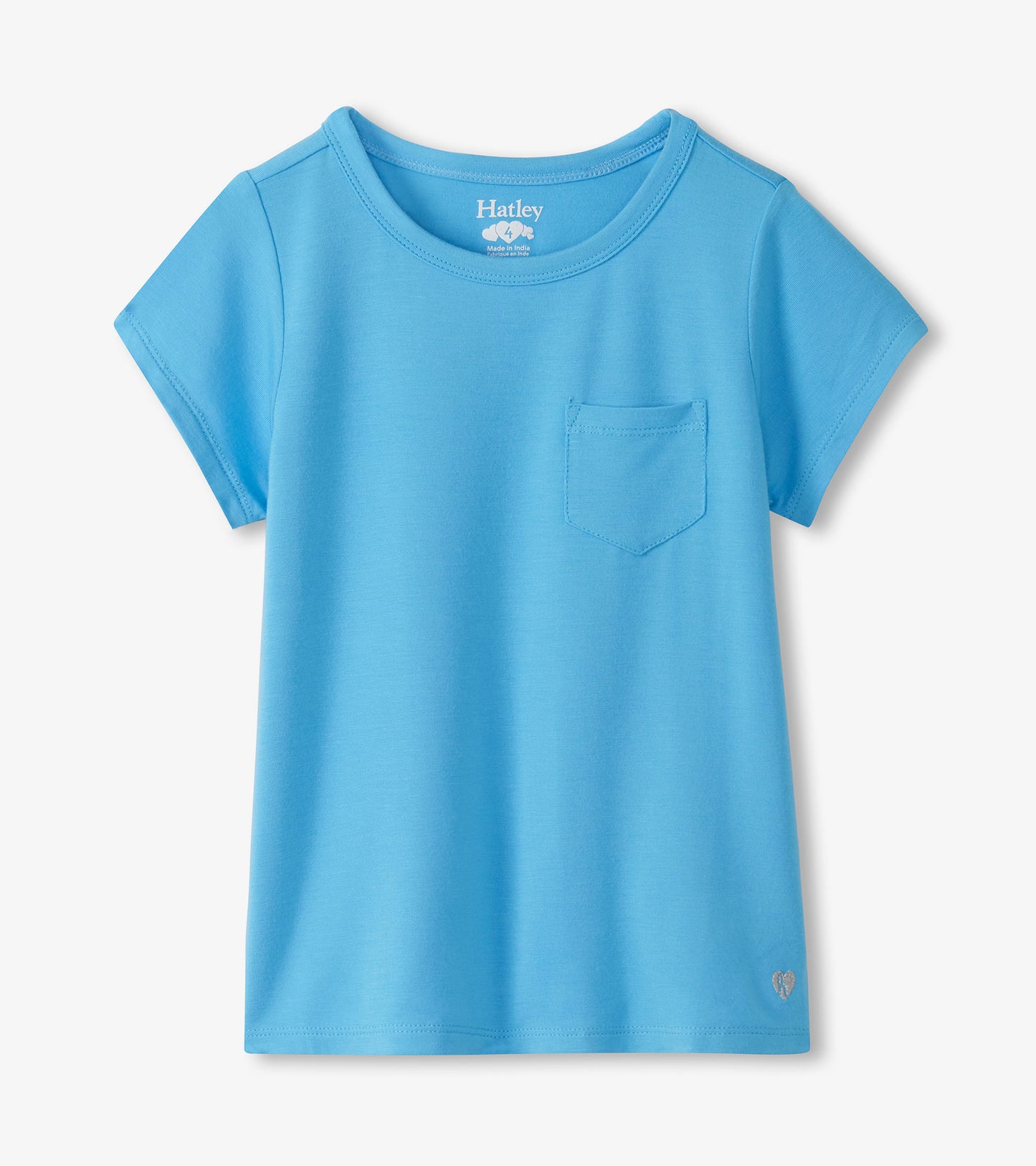 Baby blue girls T-shirt with short sleeves, round neck, and left chest pocket on a light background