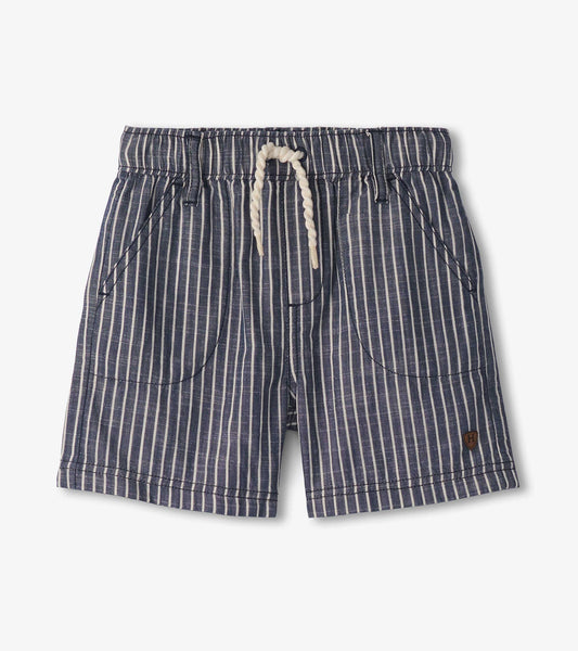 Blue woven shorts with white stripes, featuring an elastic waistband and front pockets.