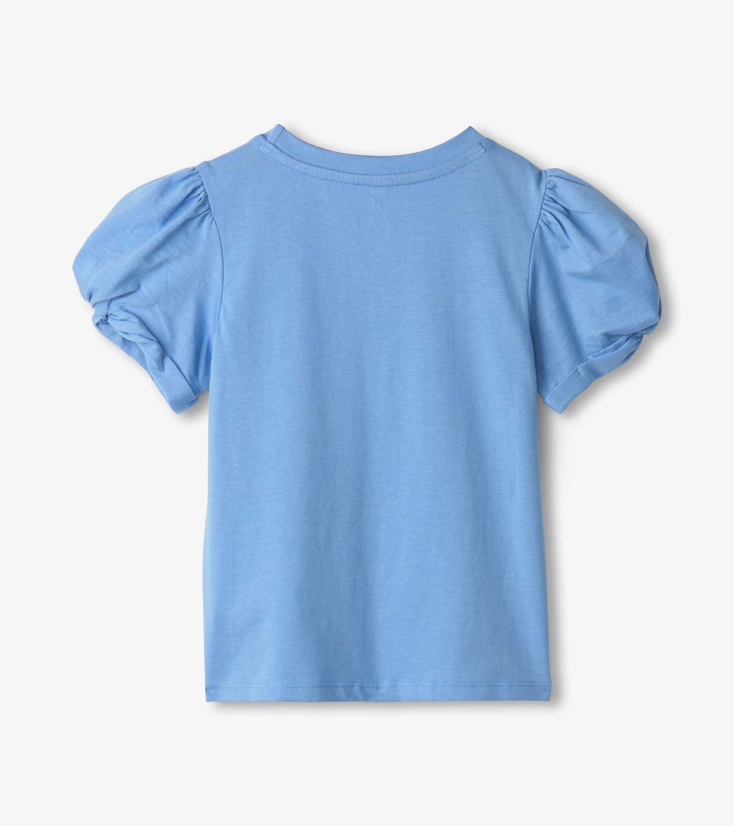 Cornflower blue short-sleeve tee with twisted sleeves, featuring a soft, lightweight fabric. Back view shown.