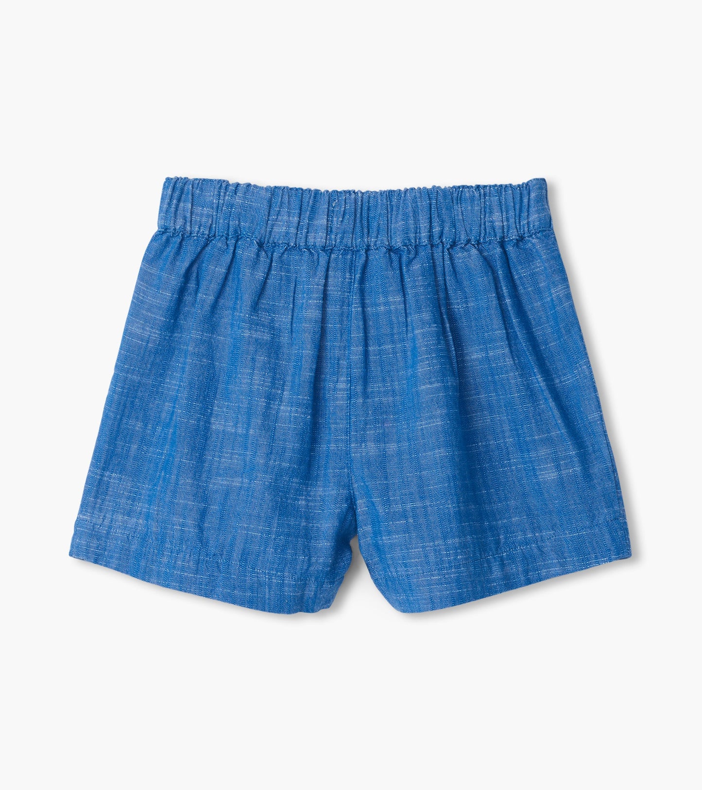 Blue chambray paper bag shorts with an elastic waistband, featuring a relaxed fit and lightweight fabric.