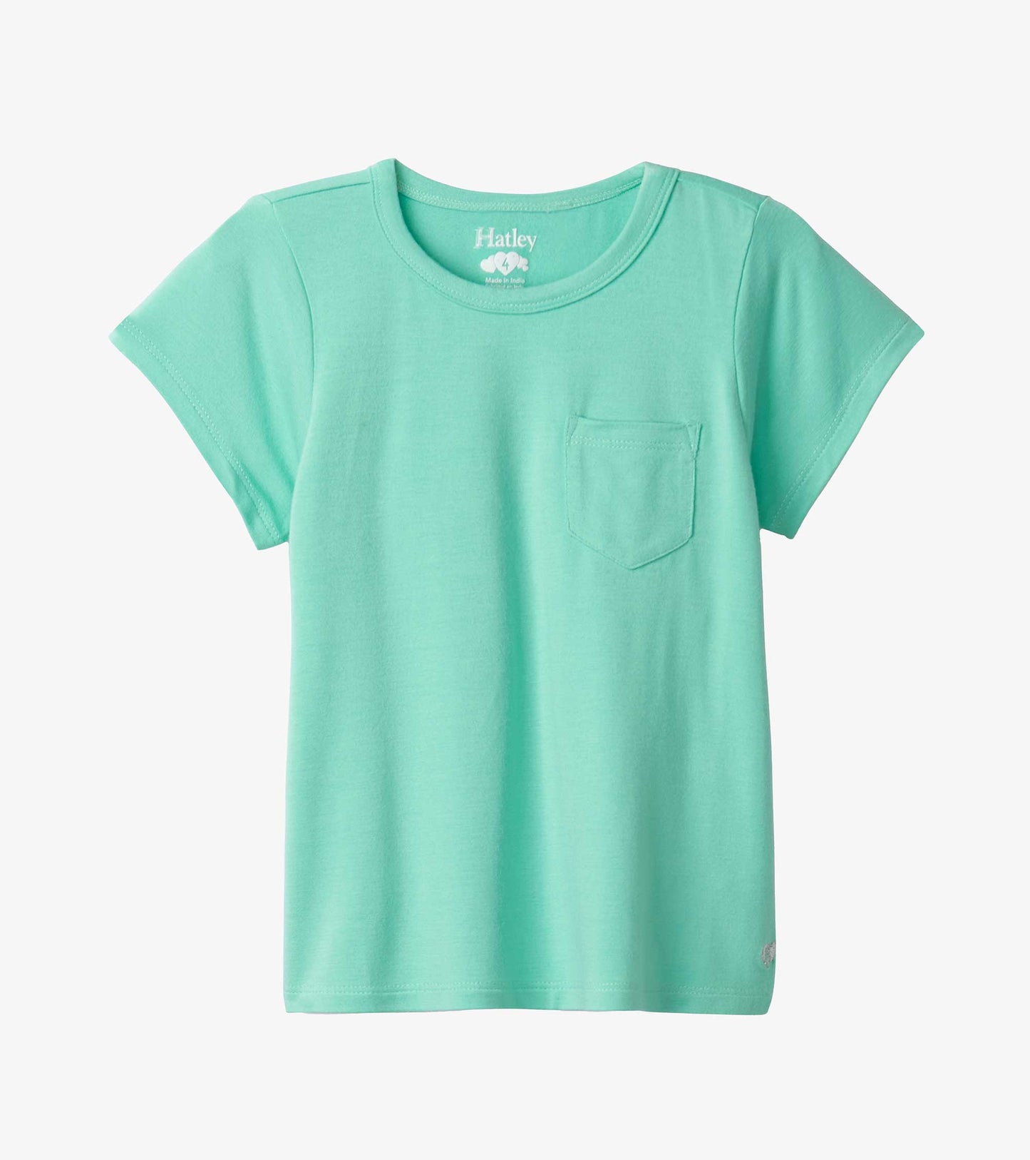Teal bamboo tee with short sleeves and a front pocket, suitable for casual wear.