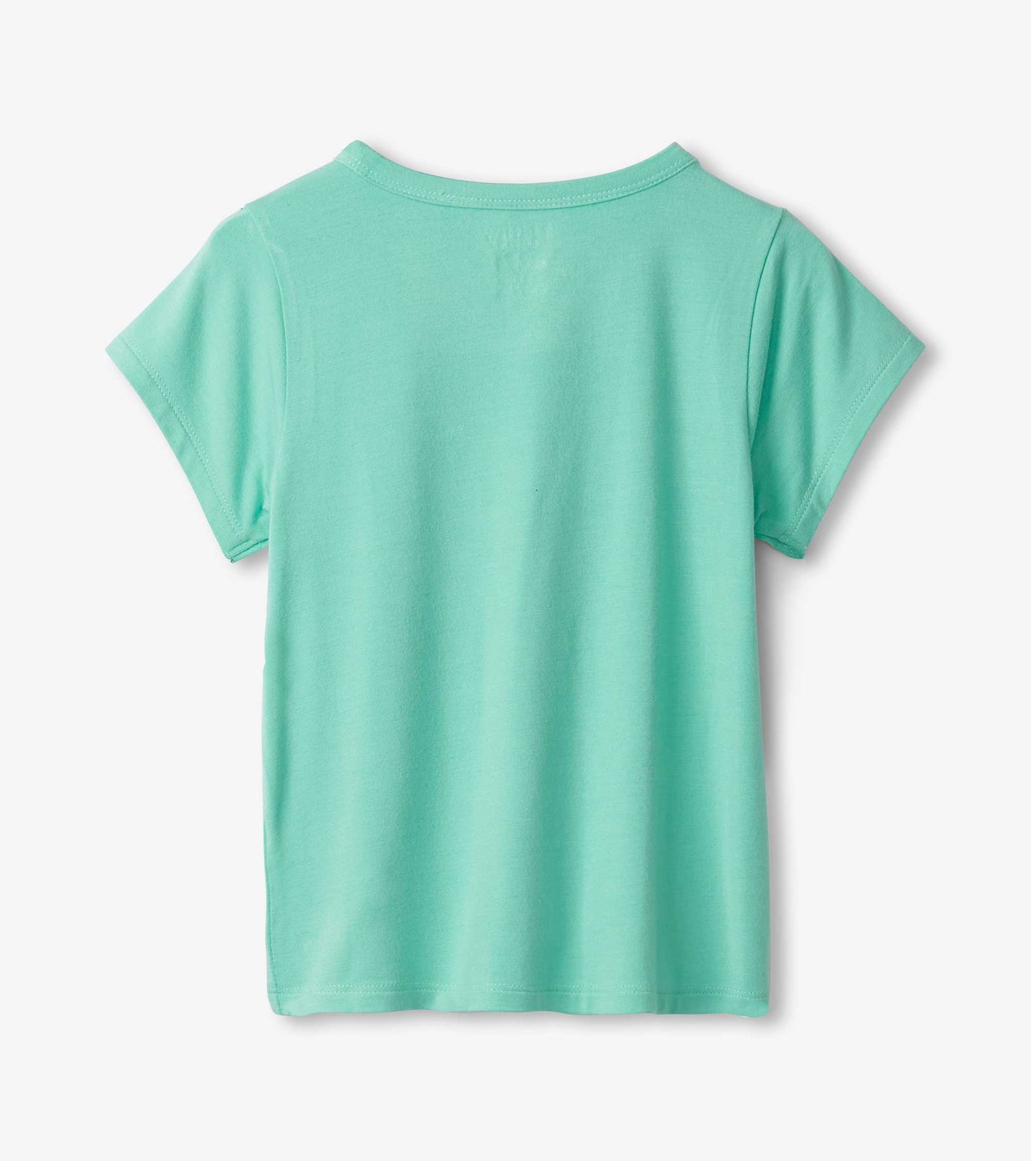 Teal short-sleeve bamboo tee with a round neckline, shown from the back.