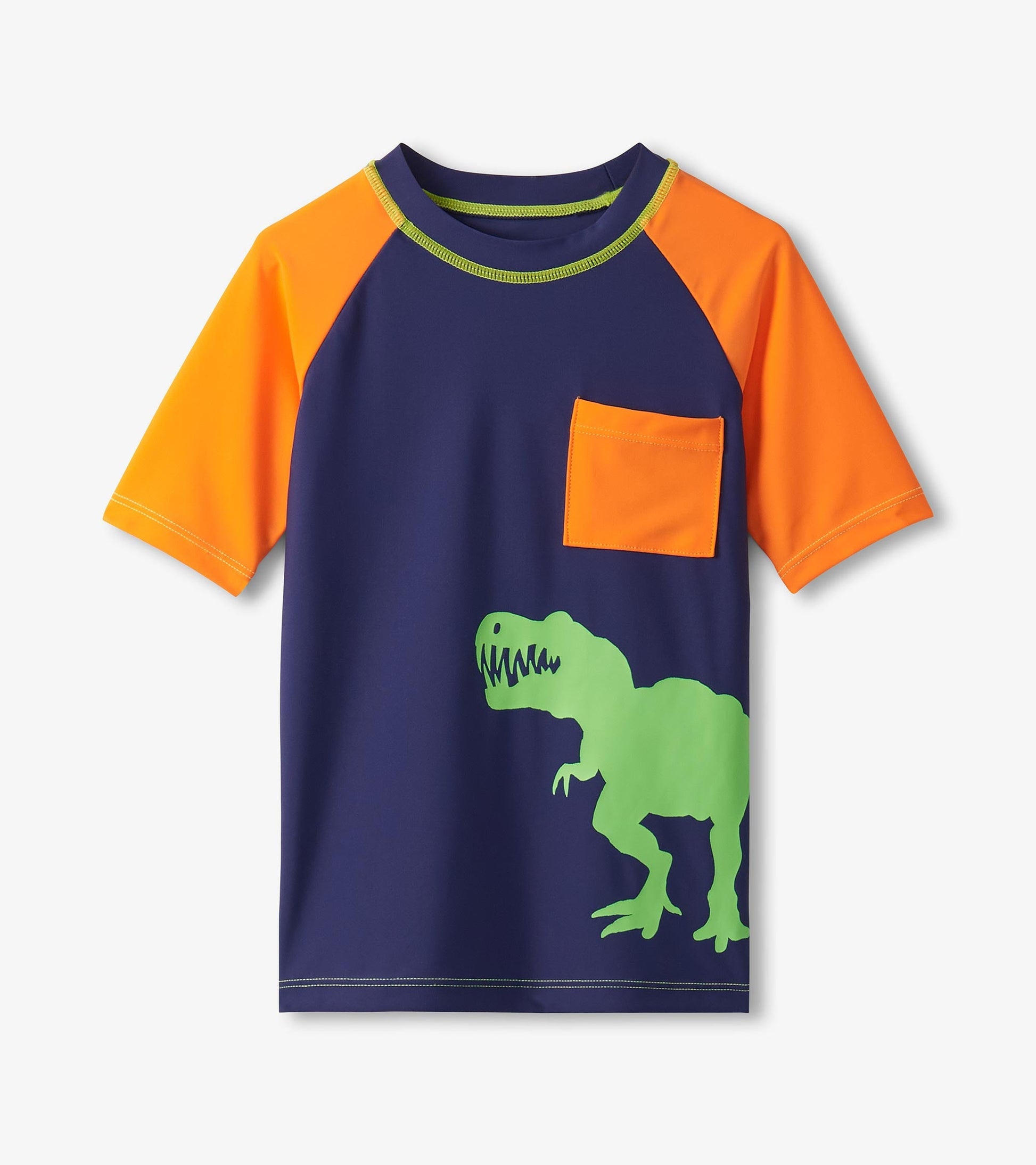 Short sleeve rashguard featuring a navy body, orange sleeves, and a green dinosaur graphic on the front pocket.