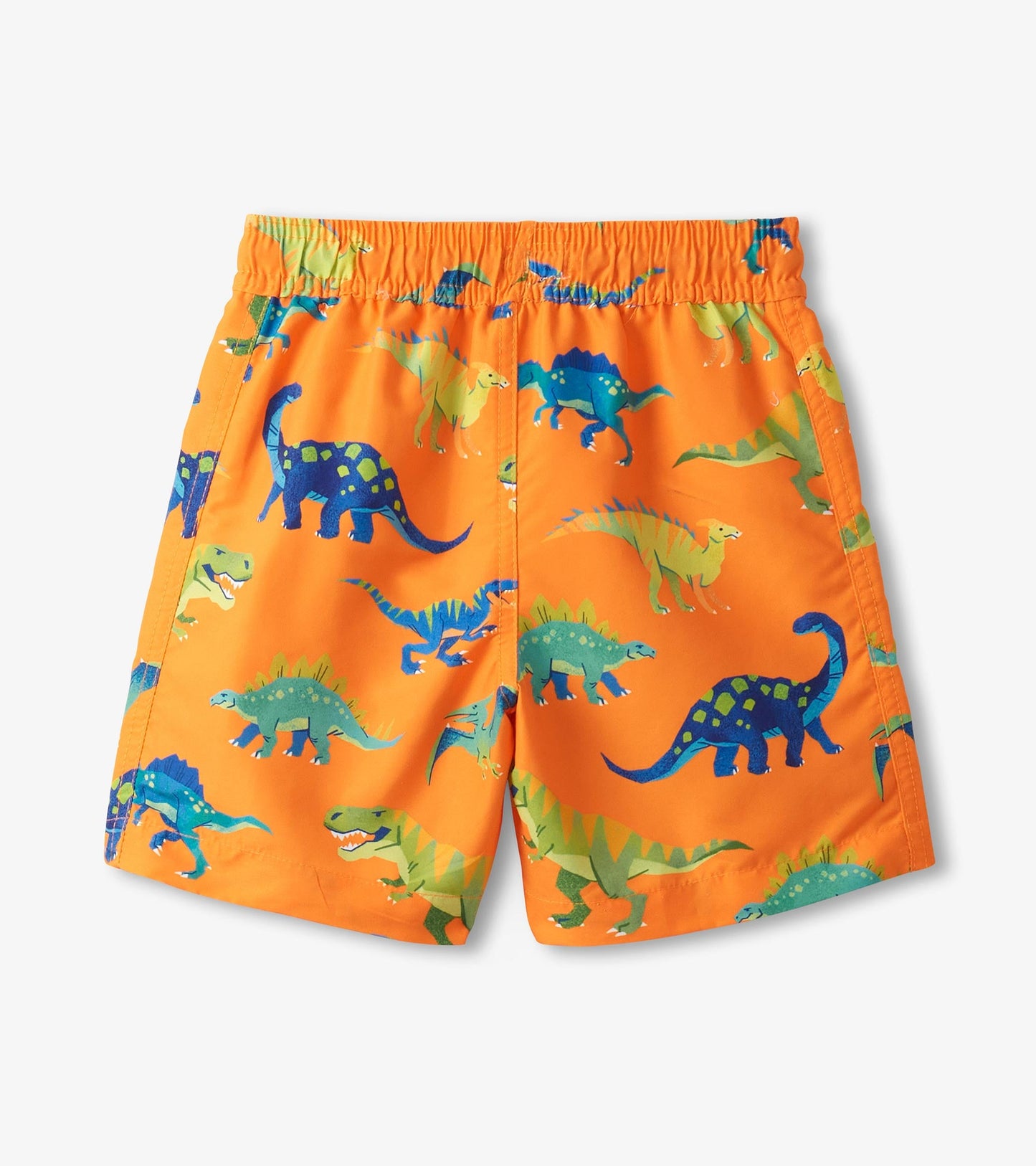Orange swim shorts featuring colorful dinosaur patterns, elastic waistband, and lightweight material.