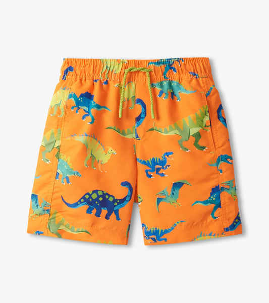 Orange swim shorts featuring colorful dinosaur patterns and an elastic waistband with a drawstring.
