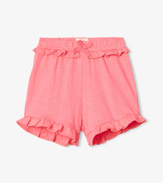 Pink ruffle shorts for baby and toddler girls, featuring a soft fabric and elastic waistband for comfort.