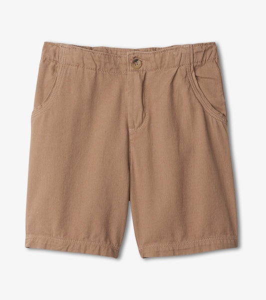 Khaki twill shorts with a button closure and side pockets, designed for boys, featuring a classic fit.