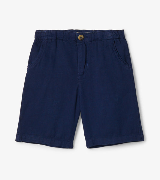 Navy twill shorts featuring a button closure and side pockets, suitable for casual wear.