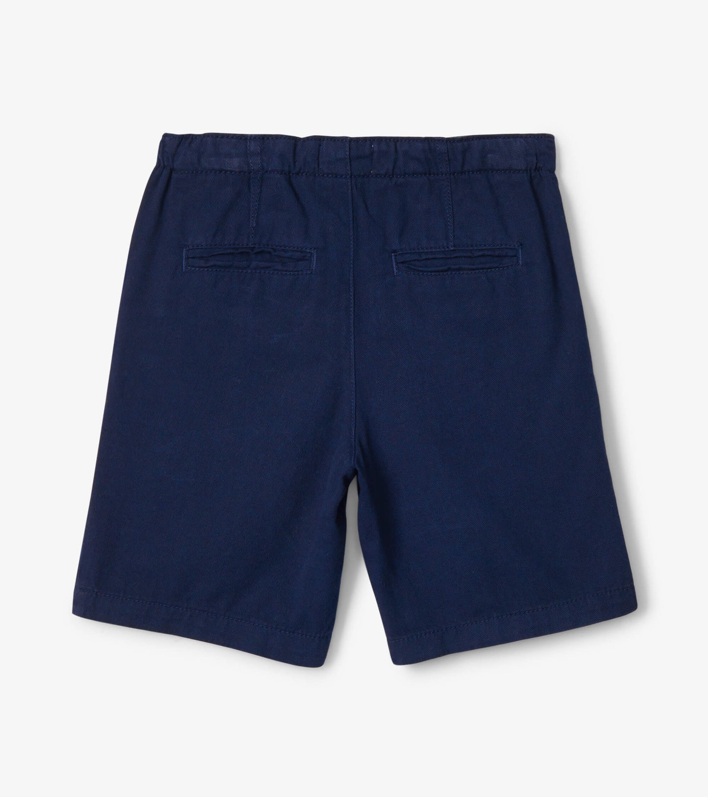 Navy twill shorts with a comfortable waistband and two back pockets, suitable for casual wear.