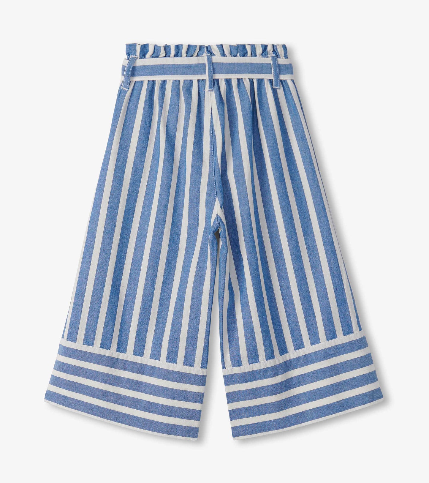 Blue and white striped cropped paperbag pants with a ruffled waistband and wide legs.