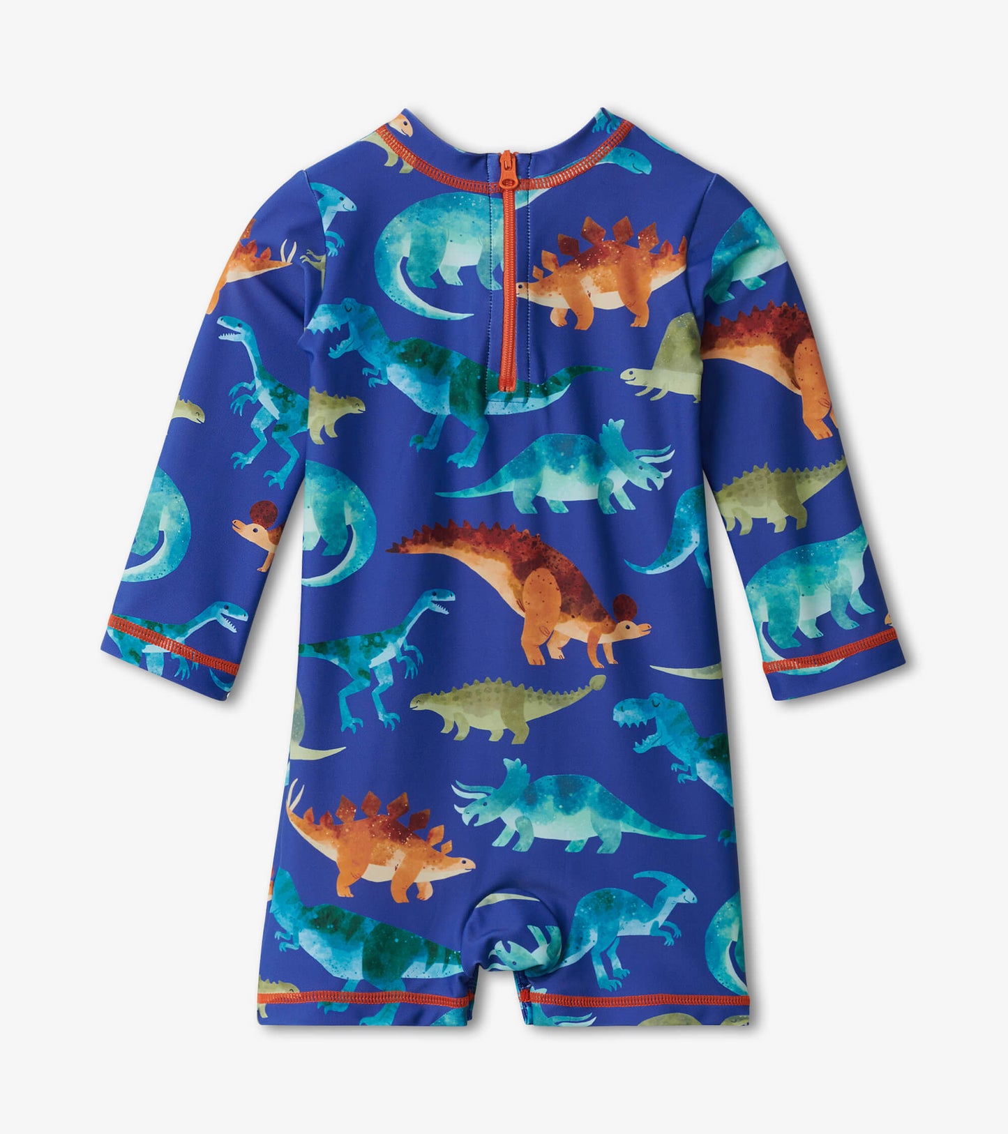 Blue one-piece rashguard featuring colorful dinosaur patterns and a zip closure at the back, suitable for baby boys.