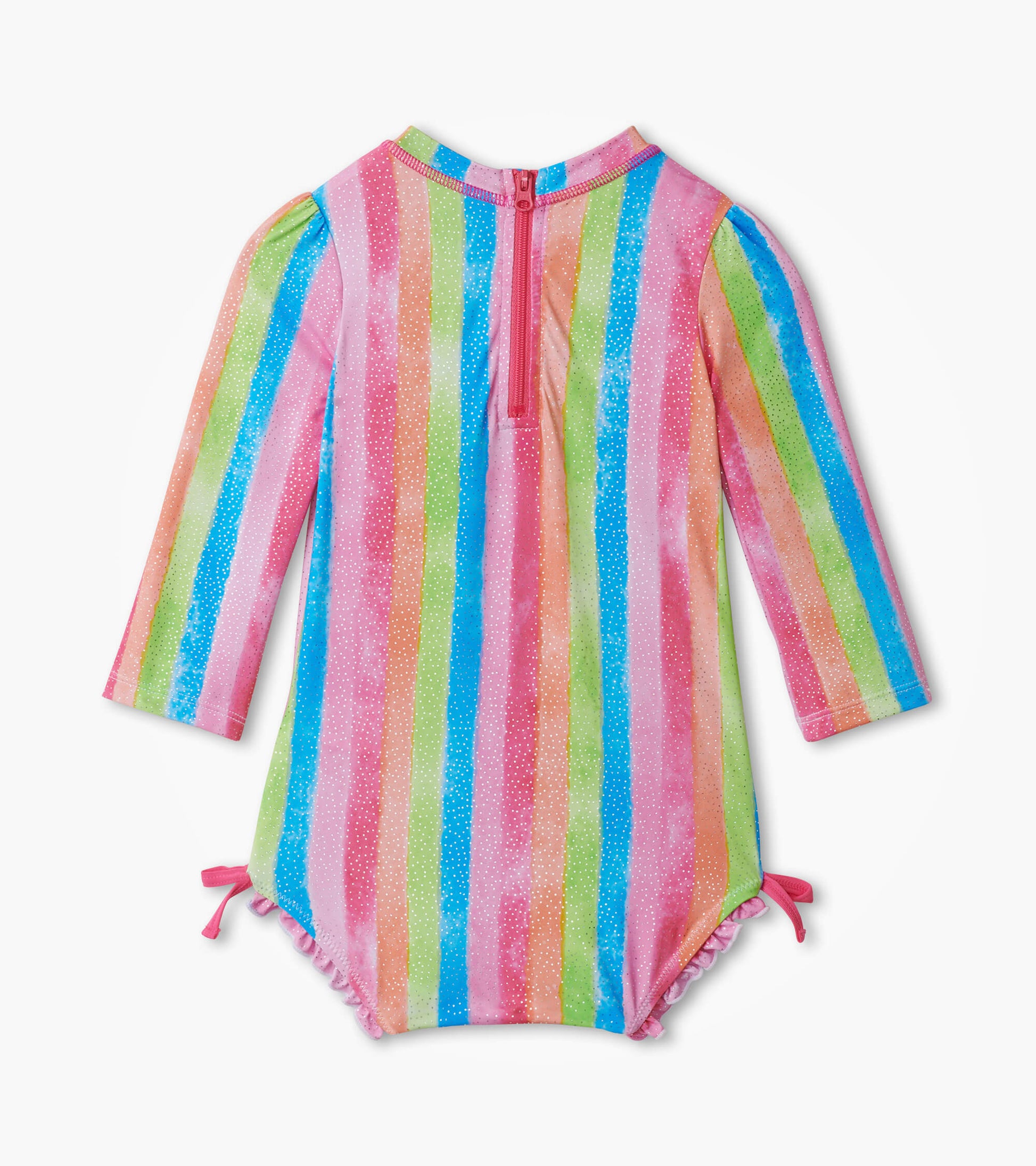 Colorful long-sleeve rashguard swimsuit with rainbow stripes and ruffled leg openings, featuring a back zipper closure.
