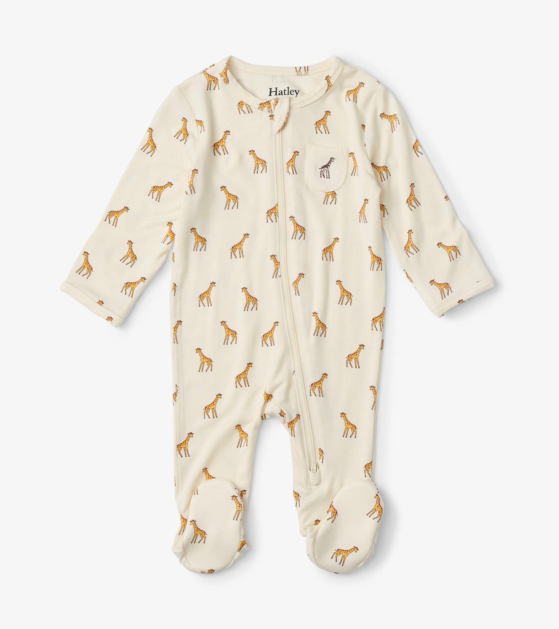 Cream footed sleeper featuring a playful giraffe print, with long sleeves and a zip closure for easy dressing.