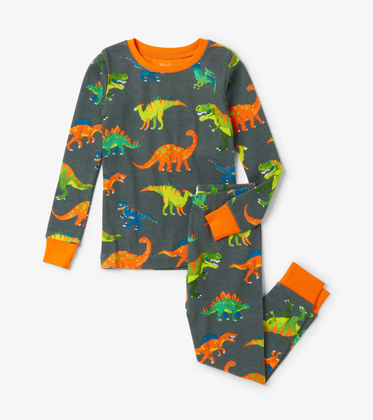 Grey pajama set featuring colorful dinosaur prints, with orange accents on the cuffs and neckline.