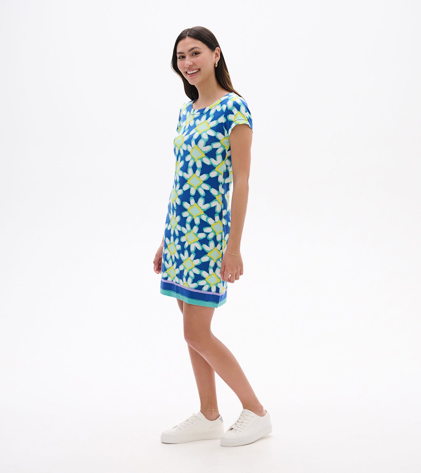 Short-sleeve dress featuring a blue background with yellow and white floral patterns, perfect for casual wear.
