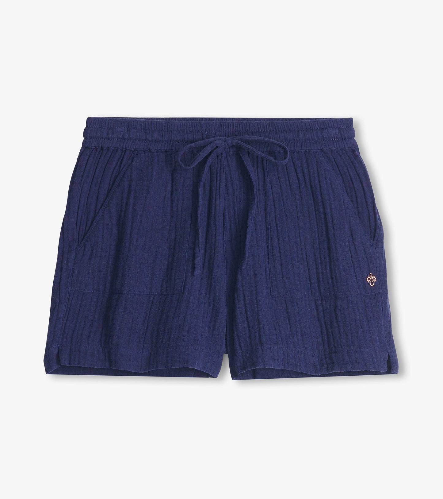 Navy gauze shorts with an elastic waistband, drawstring, and side pockets, featuring a textured pattern.
