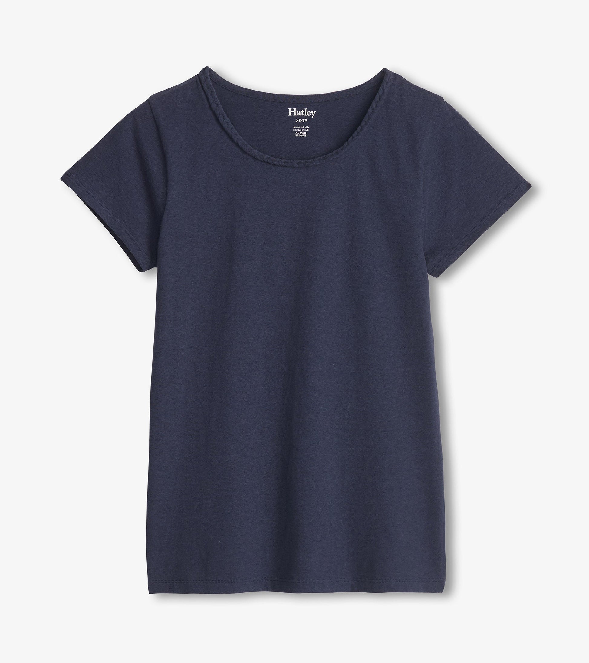 Navy blue braided neck tee with short sleeves, made from soft fabric, suitable for casual wear.