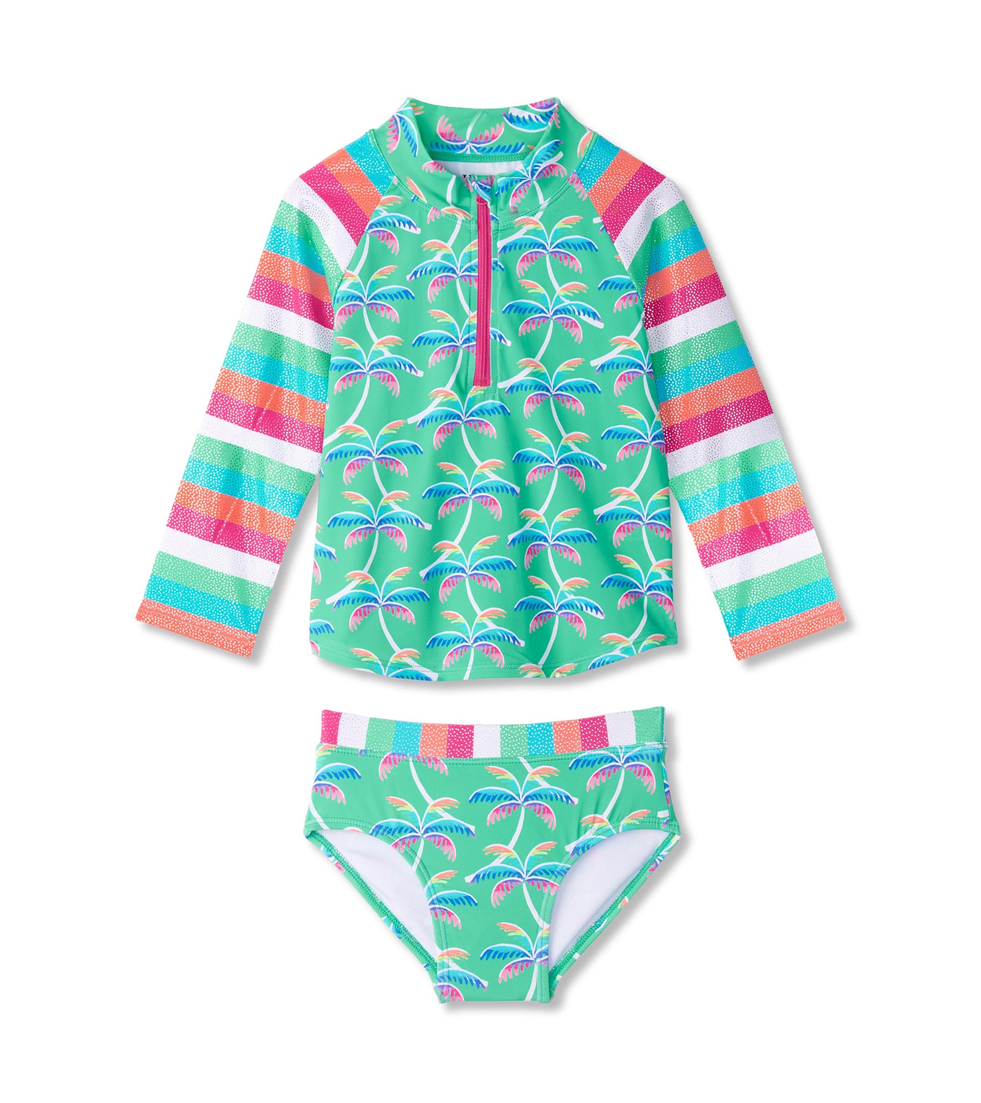 Two-piece rashguard set featuring a green top with palm tree print and striped sleeves, paired with matching bikini bottoms.