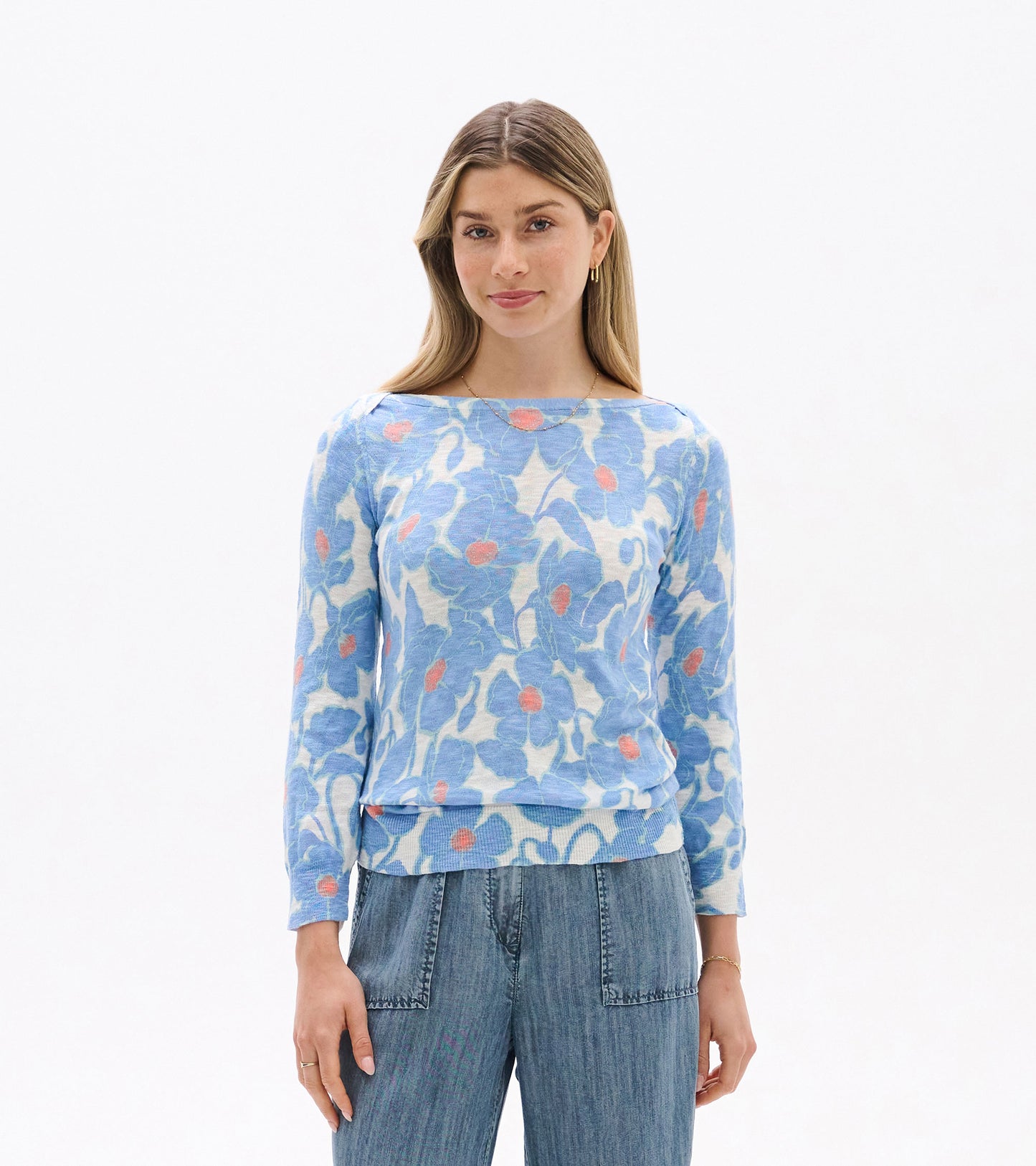 Chandail breton en tricot à manches 3/4 – Coquelicots texturés