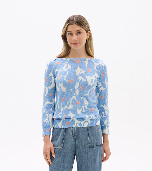 Light blue 3/4 sleeve knit top featuring a textured poppy floral pattern, paired with denim bottoms.