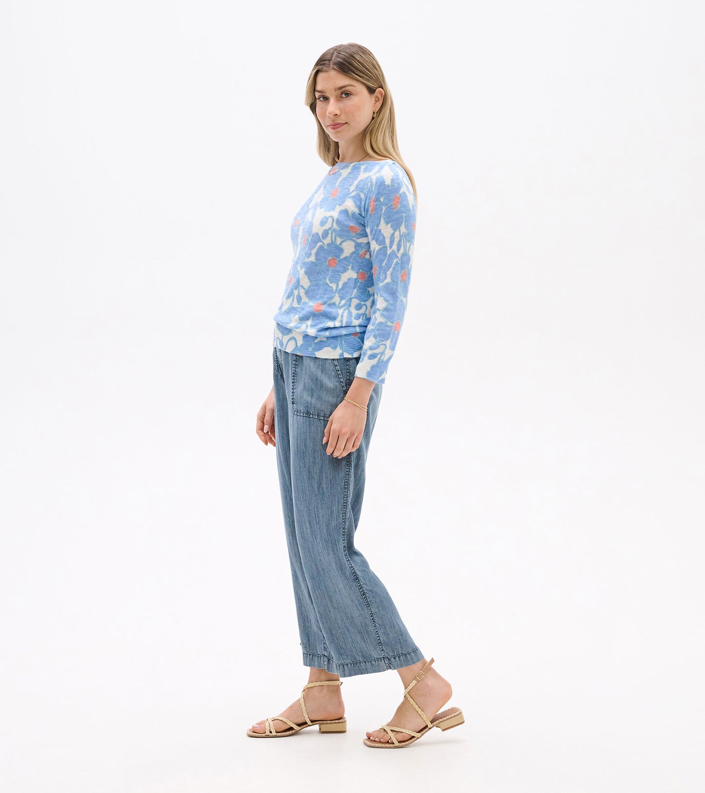 Chandail breton en tricot à manches 3/4 – Coquelicots texturés