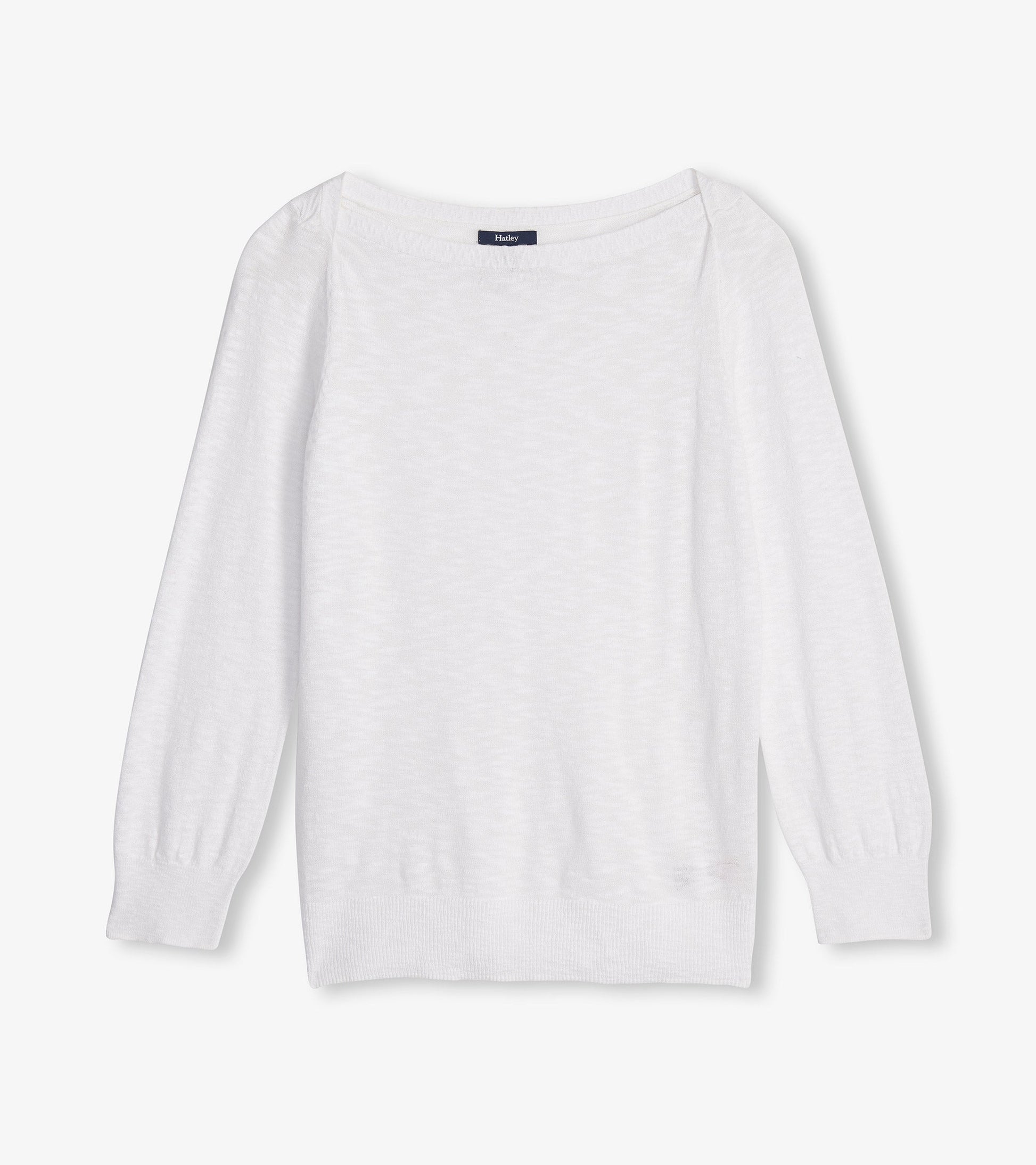 White 3/4 sleeve knit top with a relaxed fit and ribbed cuffs, suitable for casual wear.