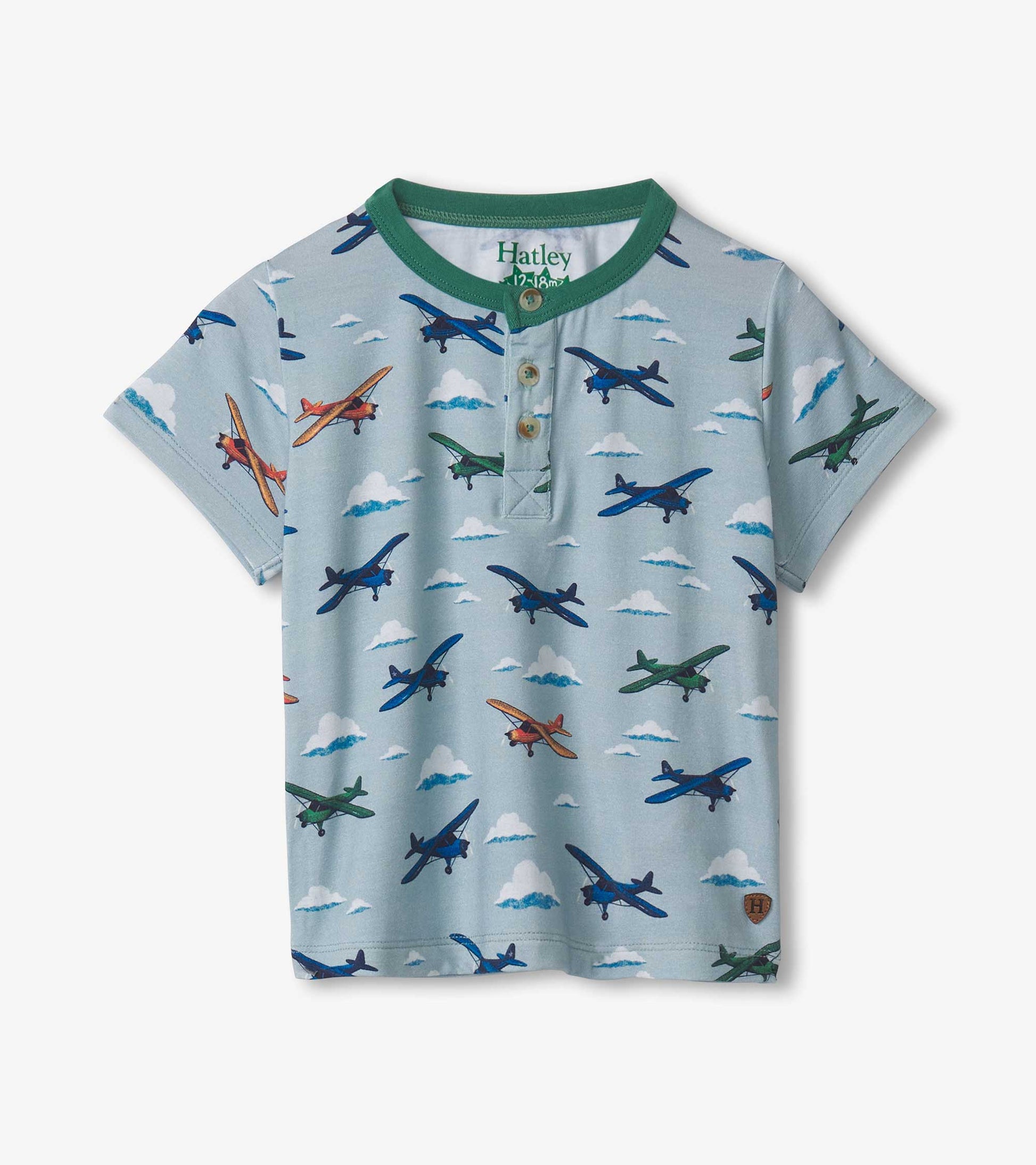 Light blue bamboo henley featuring colorful airplane prints and a green collar, suitable for baby and toddler boys.