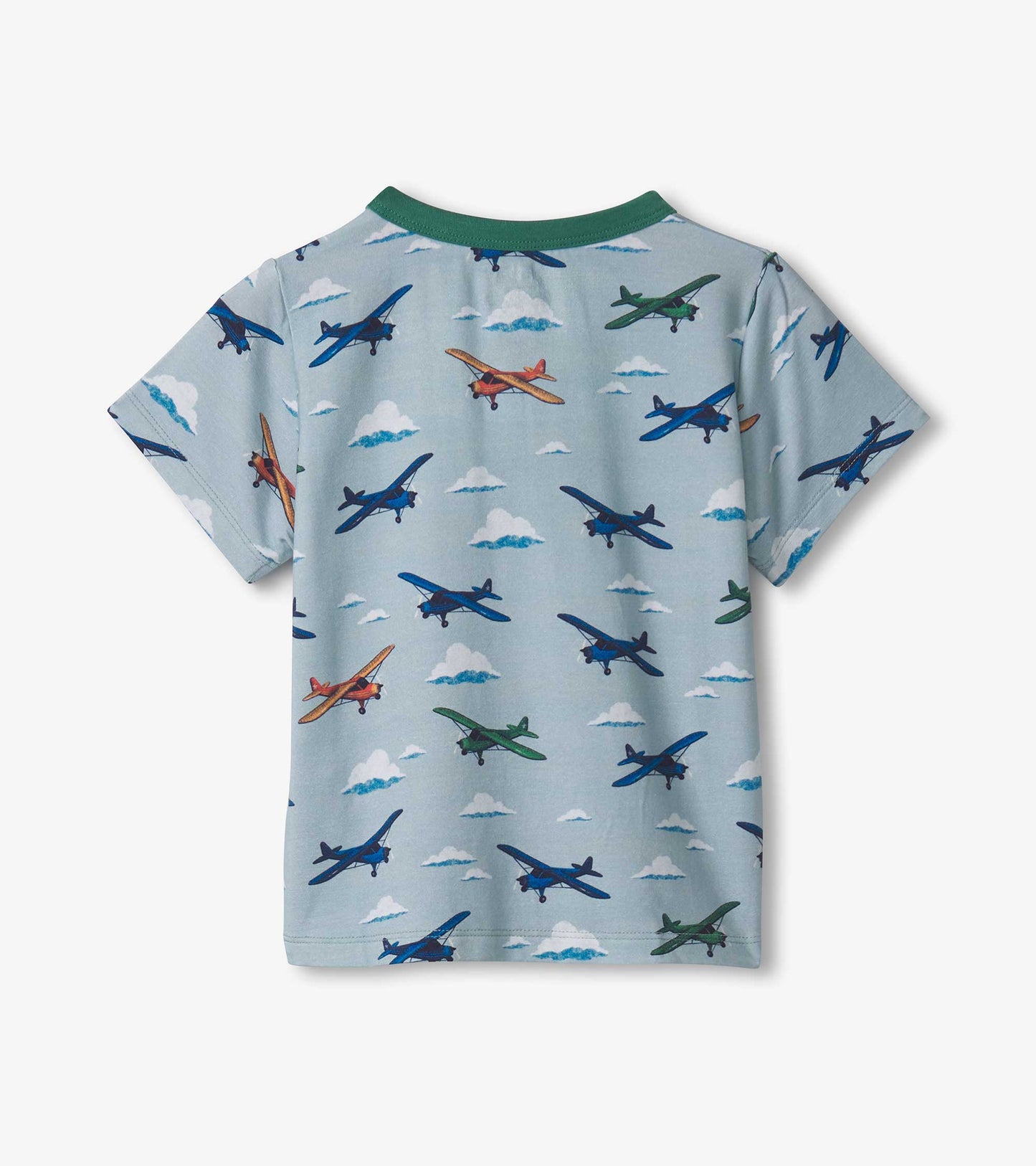 Light blue bamboo henley featuring colorful airplane prints and a green collar, suitable for baby and toddler boys.