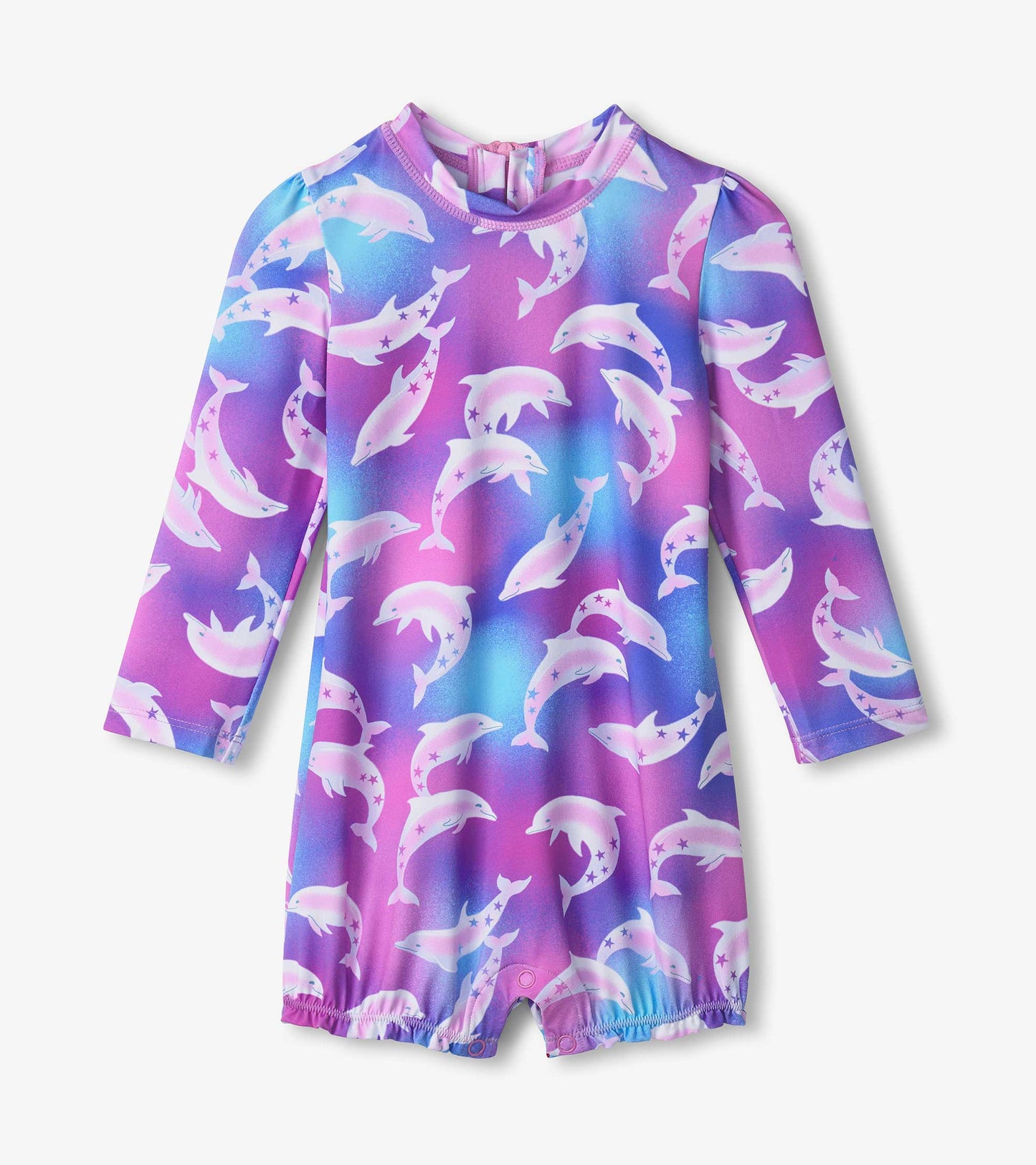Purple and pink long-sleeve rashguard swimsuit featuring a dolphin pattern, ideal for baby girls.