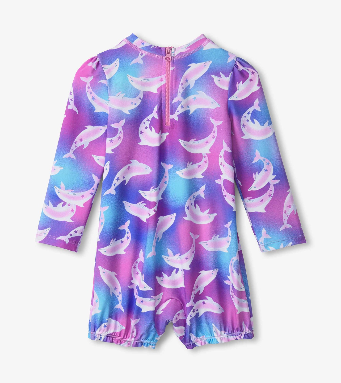 Long-sleeve rashguard swimsuit in pink and blue with a dolphin pattern, featuring a back zipper and elastic leg openings.