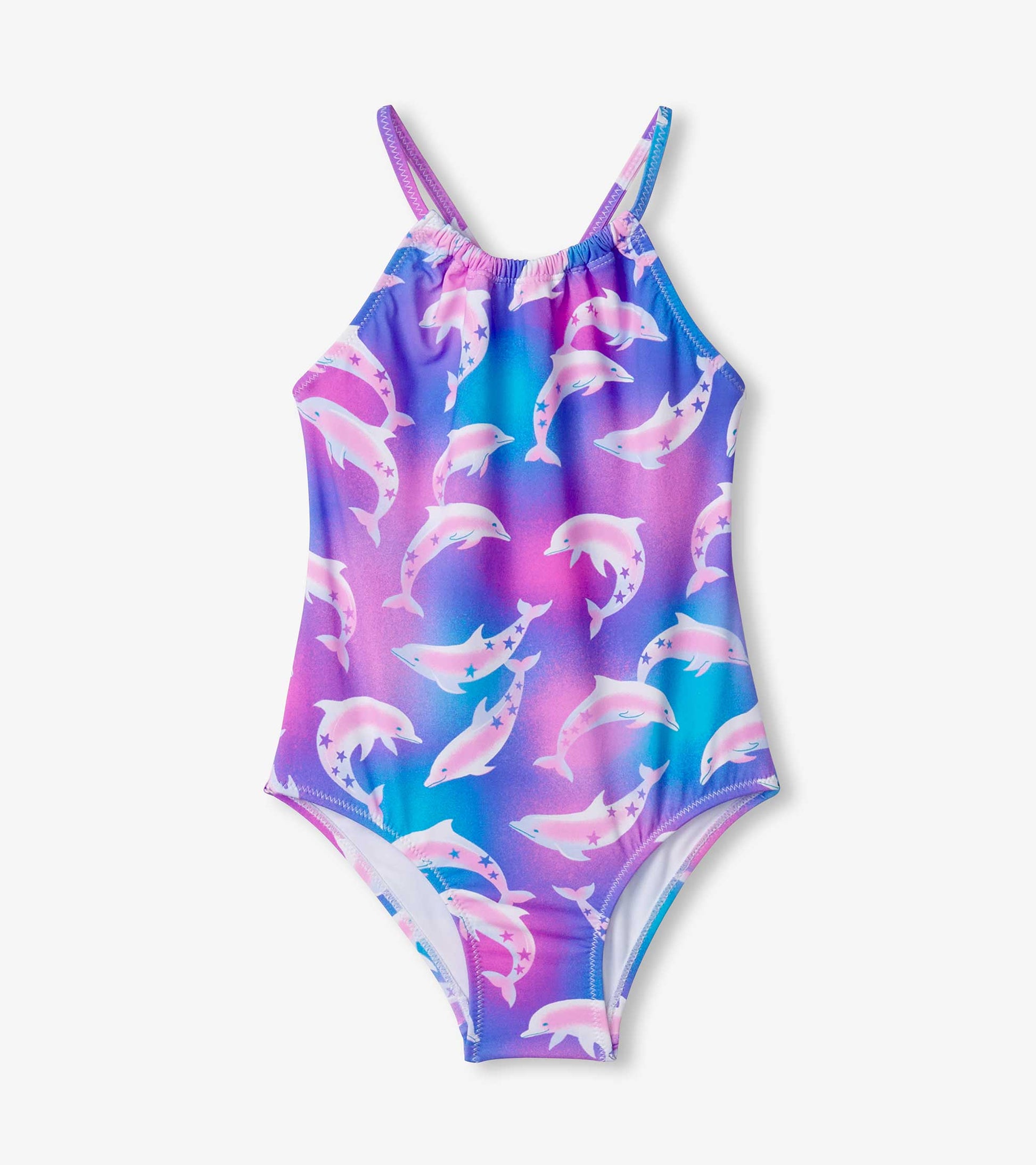 Multicolored swimsuit featuring a dolphin pattern in pink and blue, with adjustable straps and a gathered front design.