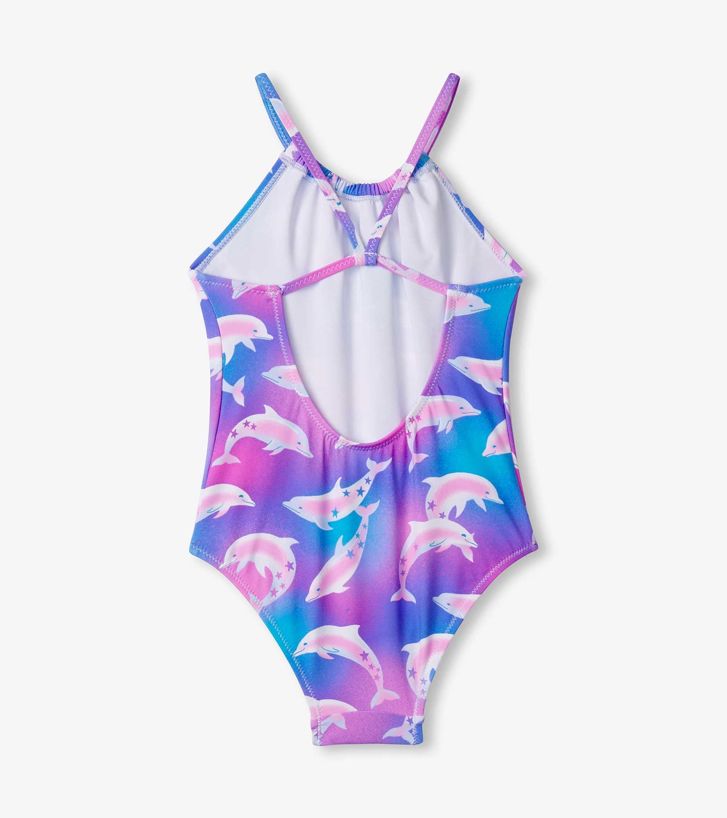 Colorful swimsuit featuring a dolphin pattern in pink and blue, with a racerback design and open back.