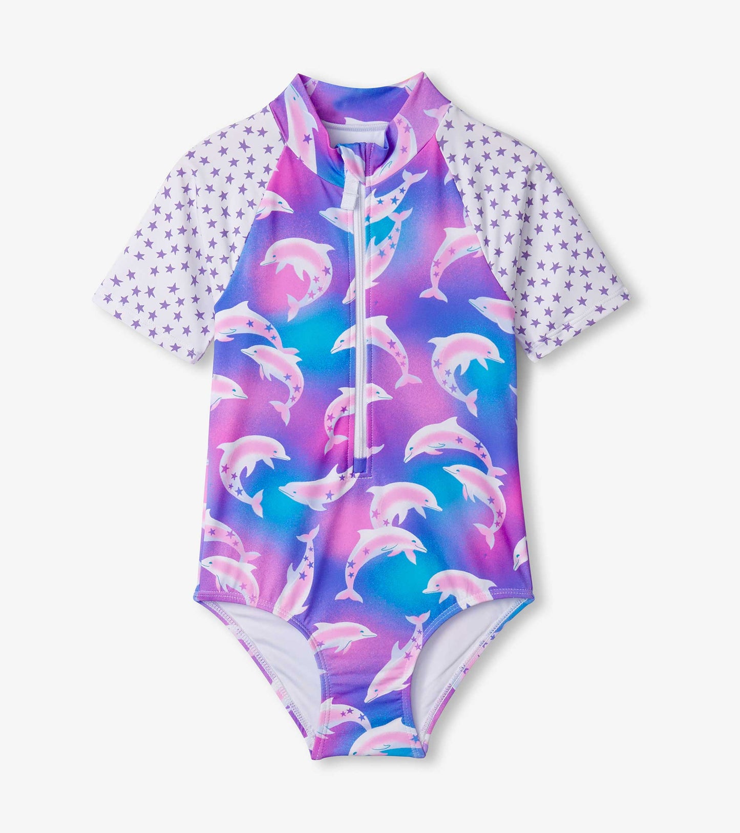Purple one-piece rashguard featuring a dolphin print and star-patterned sleeves, ideal for swimwear.