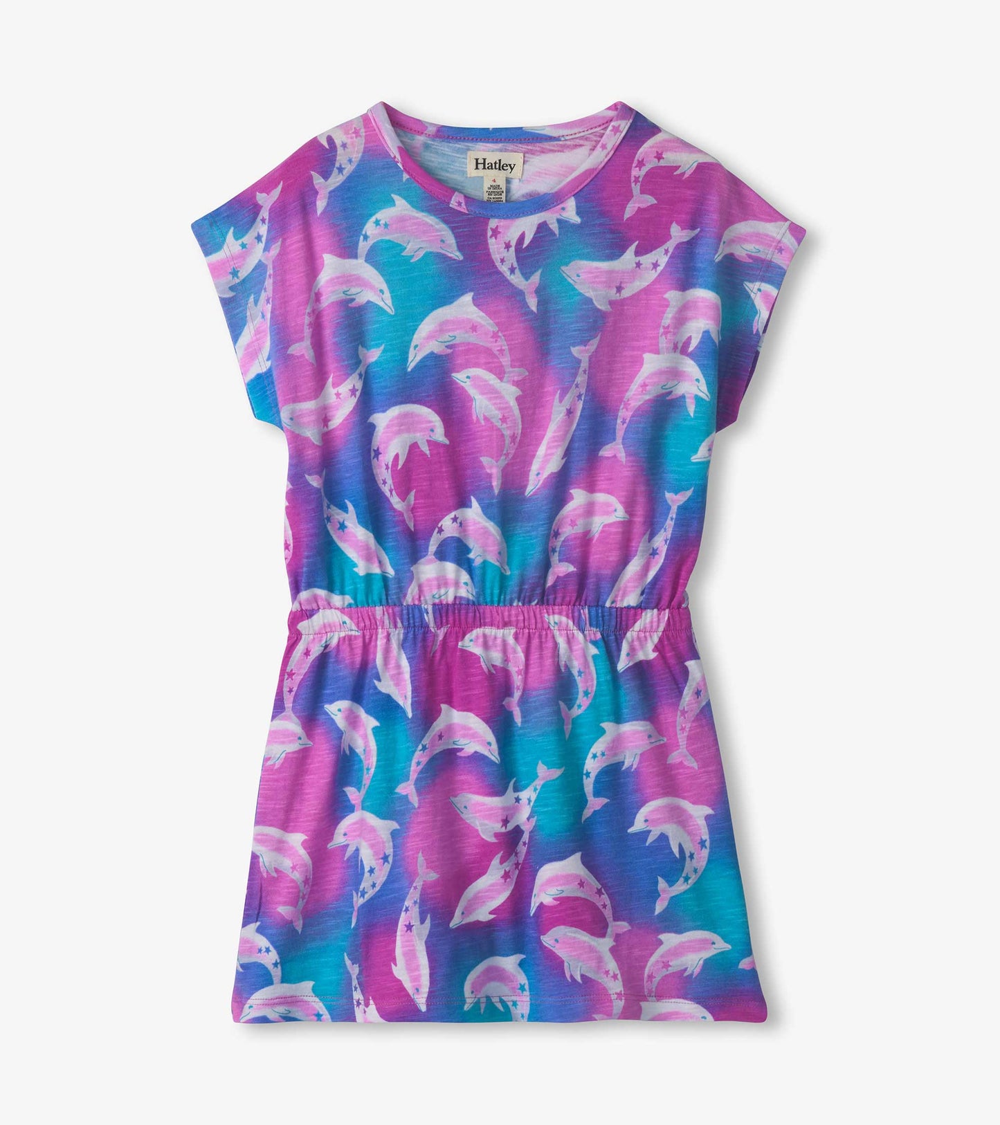 Colorful relaxed dress featuring a dolphin print in shades of pink and blue, with an elastic waist for comfort.