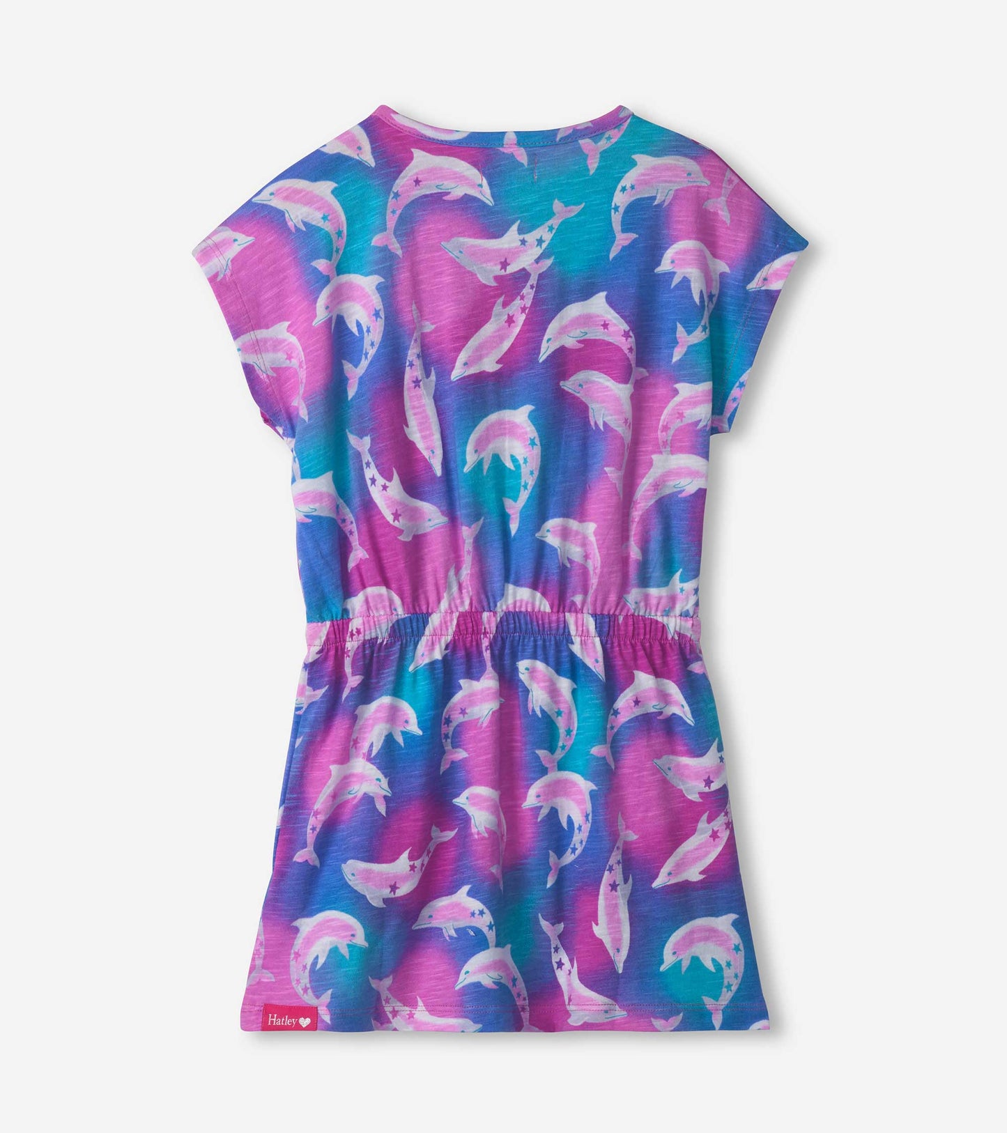 Relaxed dress featuring a vibrant dolphin print in shades of pink, blue, and purple with an elastic waist.