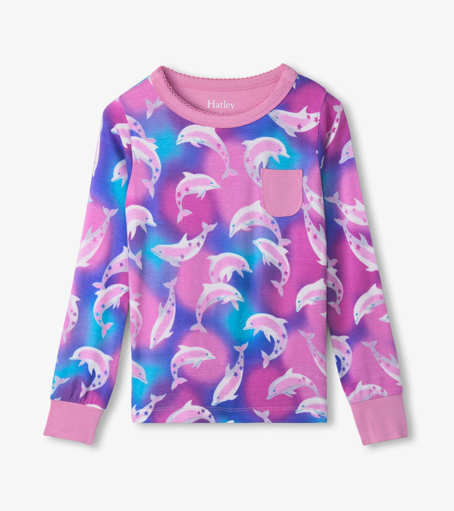 Long-sleeve pajama top featuring a colorful dolphin print on a pink and blue background with a small pocket.