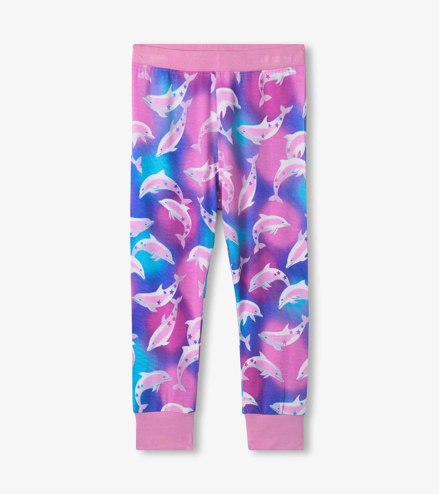 Pink and blue dolphin-patterned pajama pants with a soft waistband and cuffs.