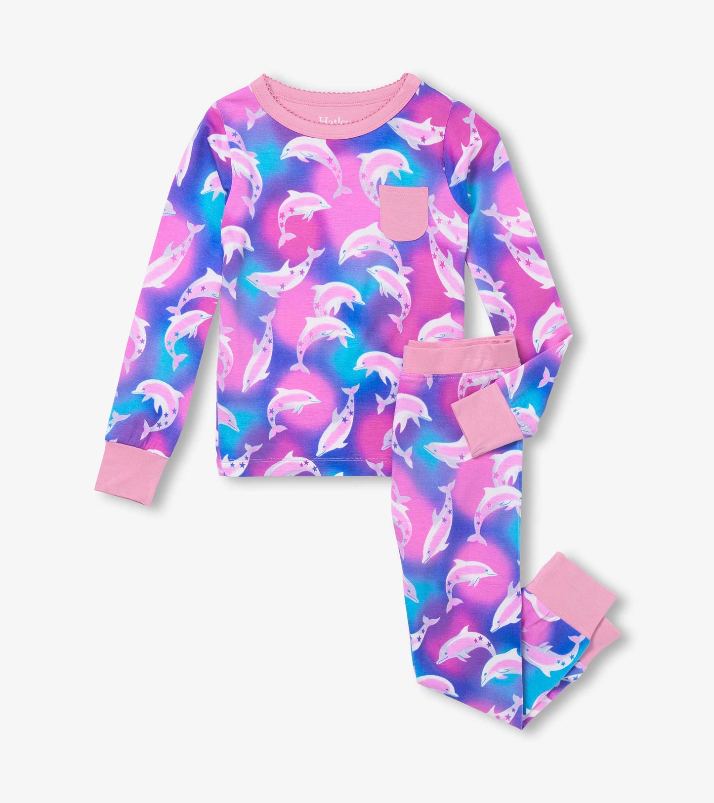 Long-sleeve pajama set featuring a colorful dolphin print on a pink and blue background, with matching pants.