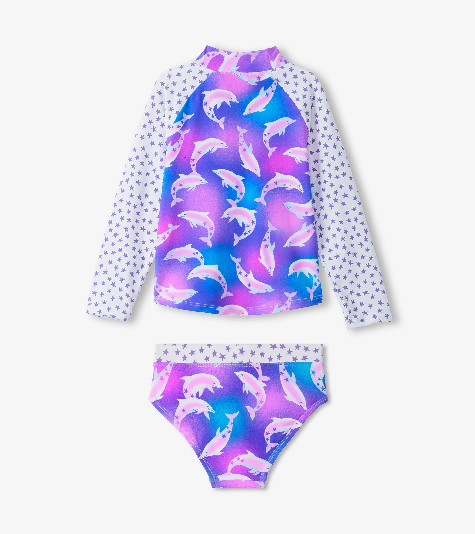 Purple and blue dolphin-patterned rashguard with long sleeves and matching bikini bottom featuring star accents.