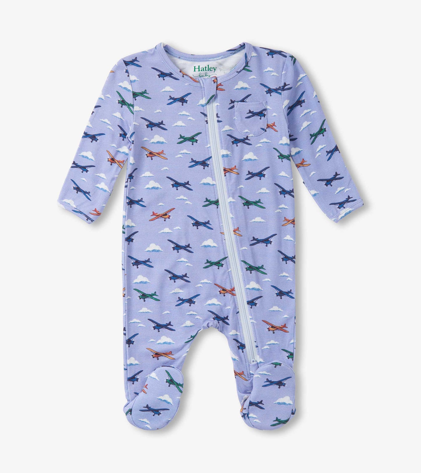 Light purple footed sleeper with airplane print, long sleeves, and a front zipper for easy dressing.
