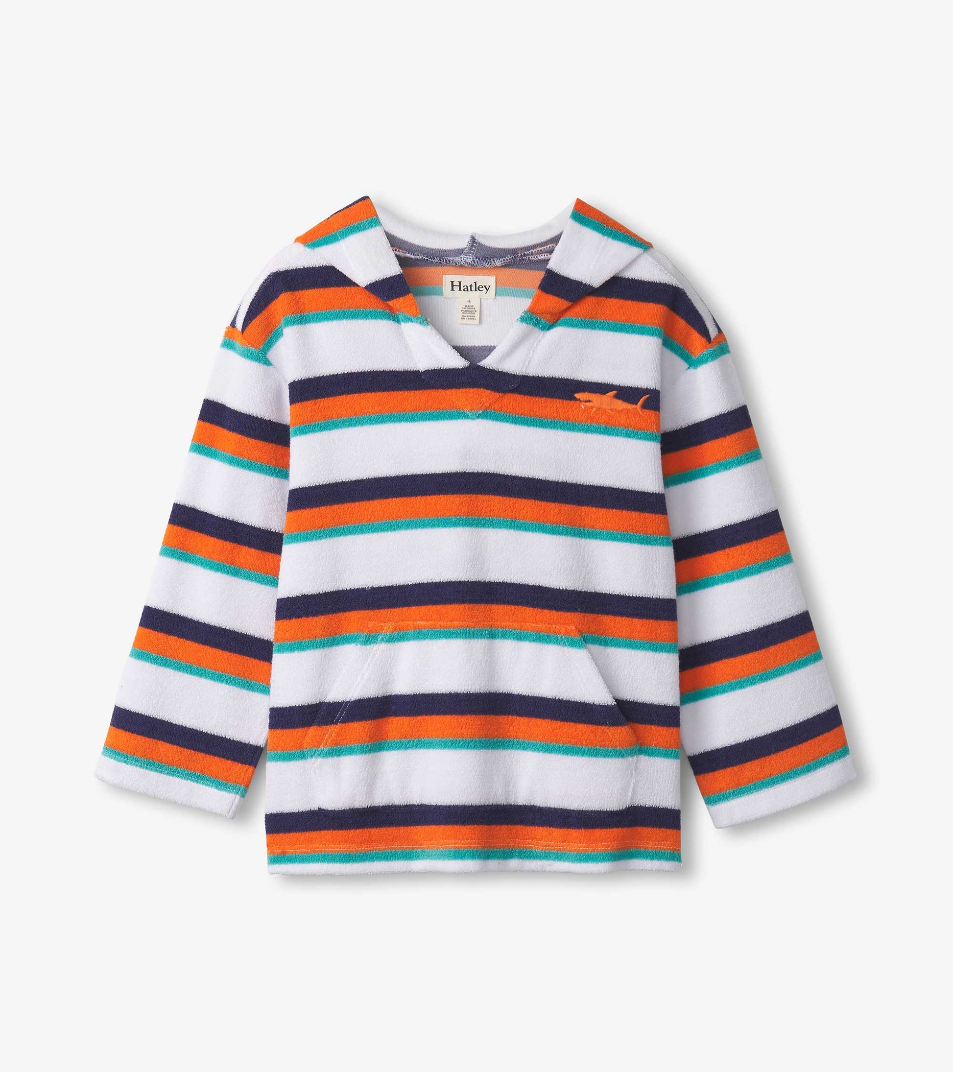 White terry pullover hoodie with aqua, orange, and navy stripes, featuring a V-neck and front pocket.