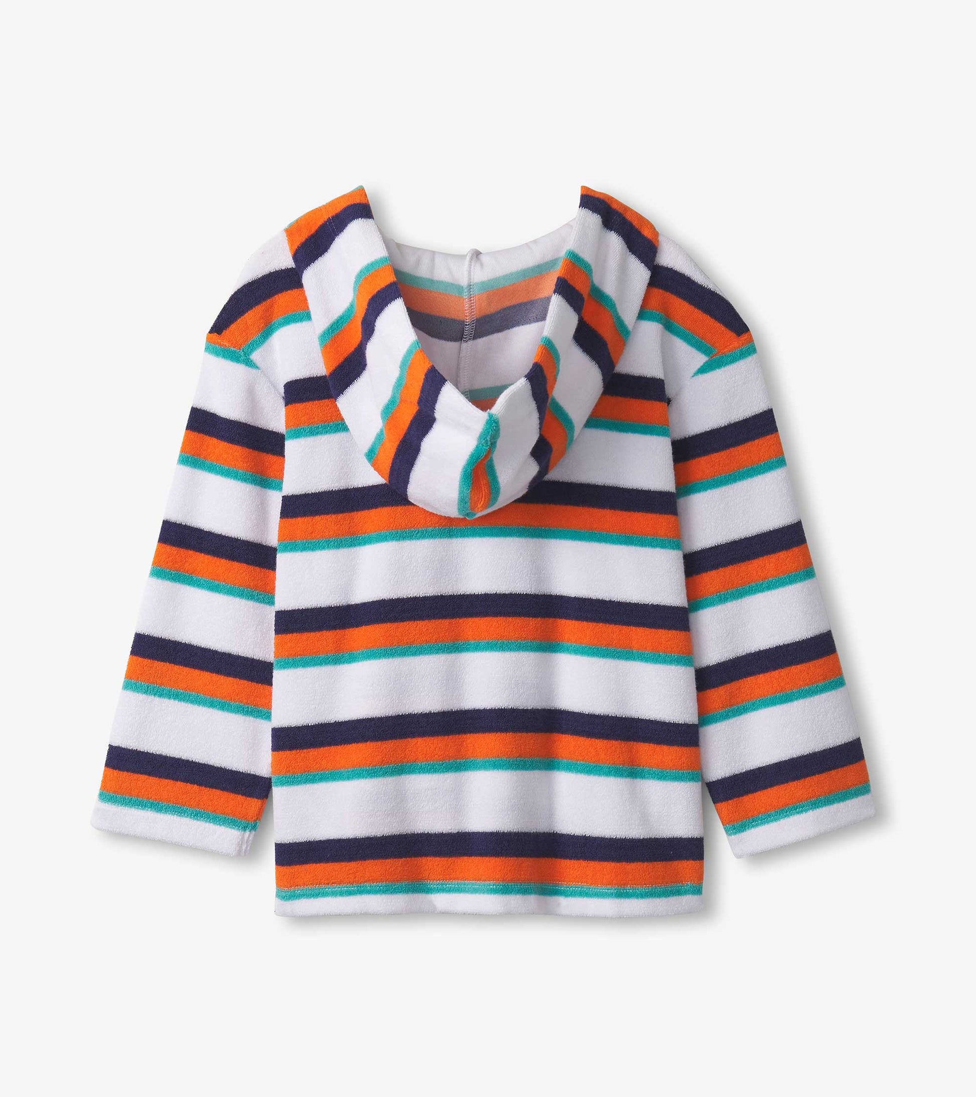 Striped terry pullover hoodie in white, featuring orange, navy, and teal stripes, with a cozy hood and long sleeves.