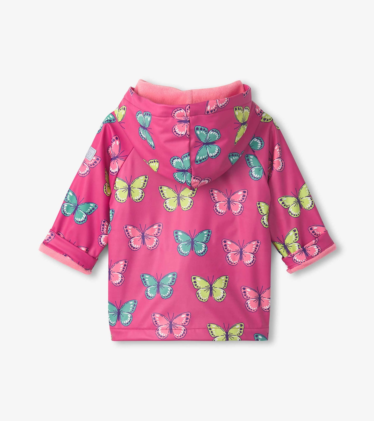 Pink rain jacket featuring colorful butterfly patterns, with a hood and soft lining, suitable for toddlers.