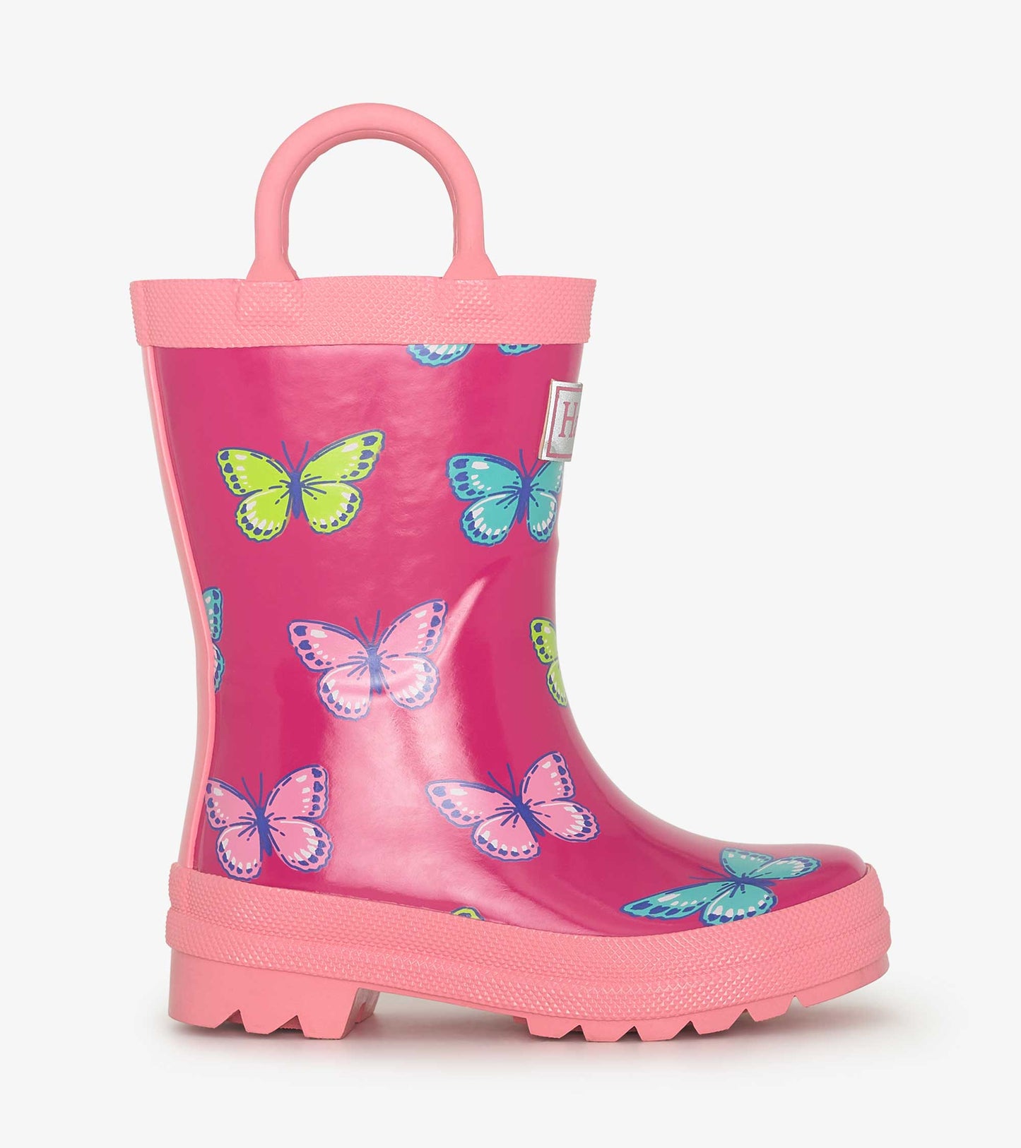 Pink rain boots featuring colorful butterfly patterns and sturdy handles for easy wear. Ideal for kids' outdoor activities.