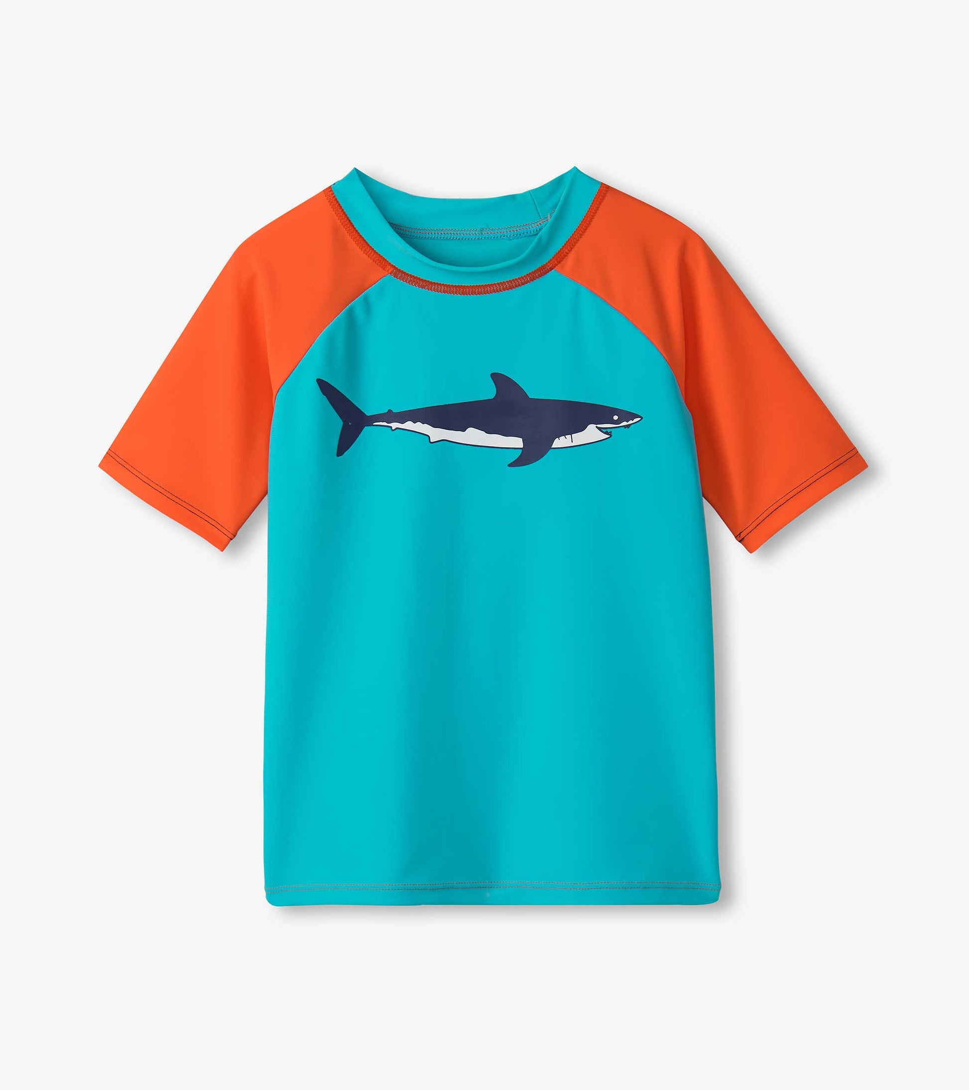 Short sleeve rashguard in turquoise and orange with a shark graphic on the front, ideal for water activities.