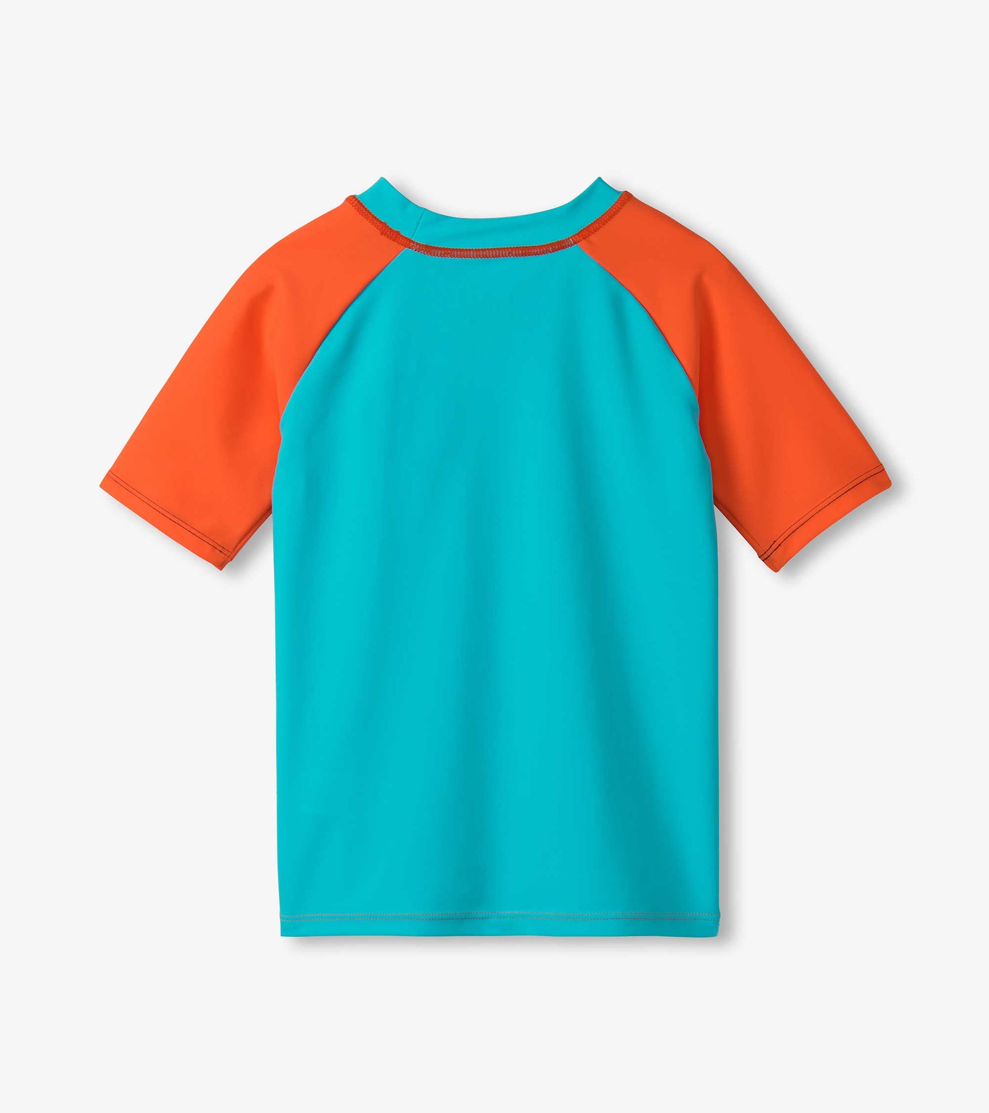 Short sleeve rashguard in bright turquoise with orange raglan sleeves, designed for boys' active wear.