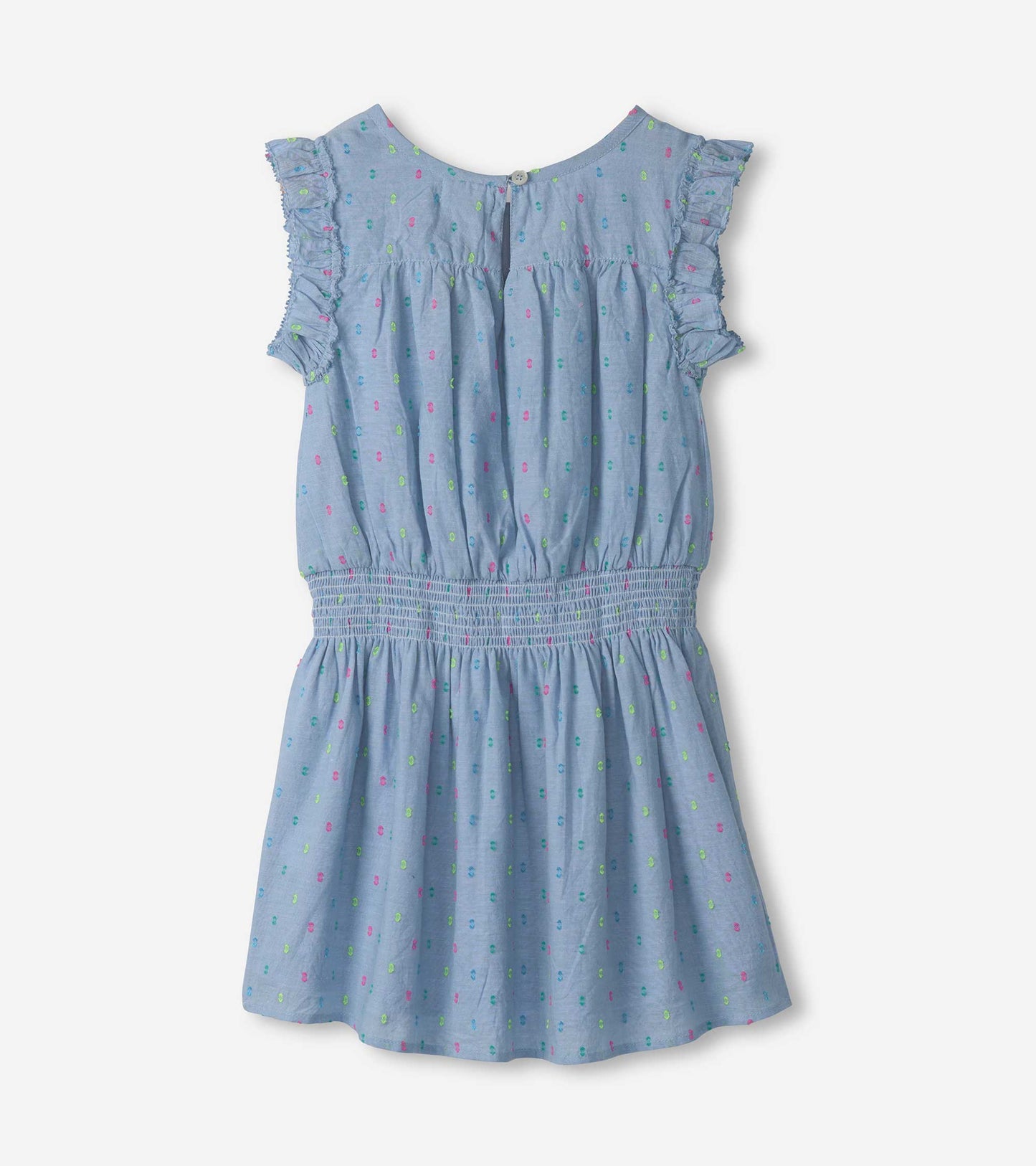 Light blue chambray dress with colorful polka dots, ruffled sleeves, and a smocked waist, suitable for play.