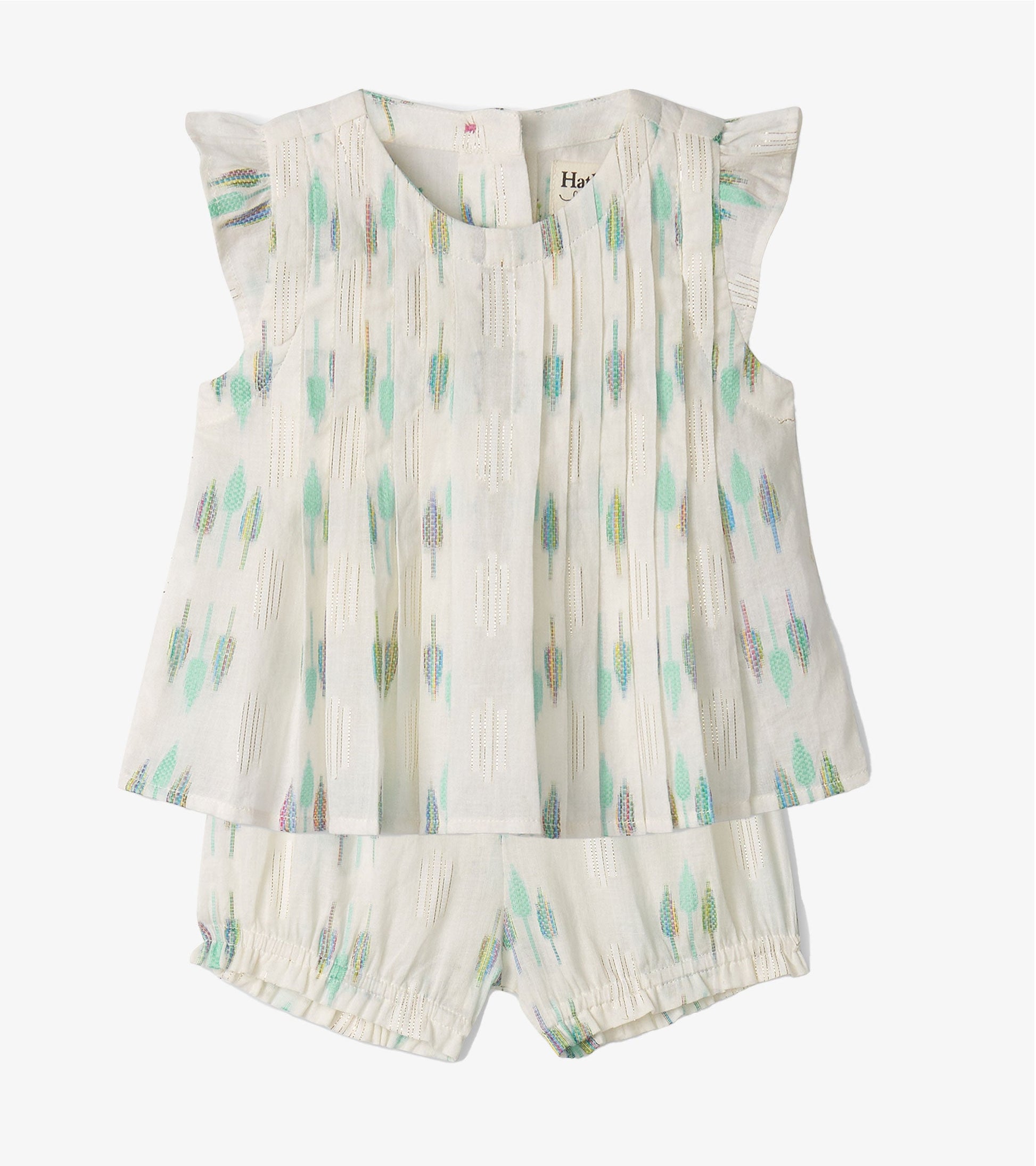 Lightweight cream set featuring blue feather patterns, with a pin tuck top and matching bloomers. Suitable for baby girls.