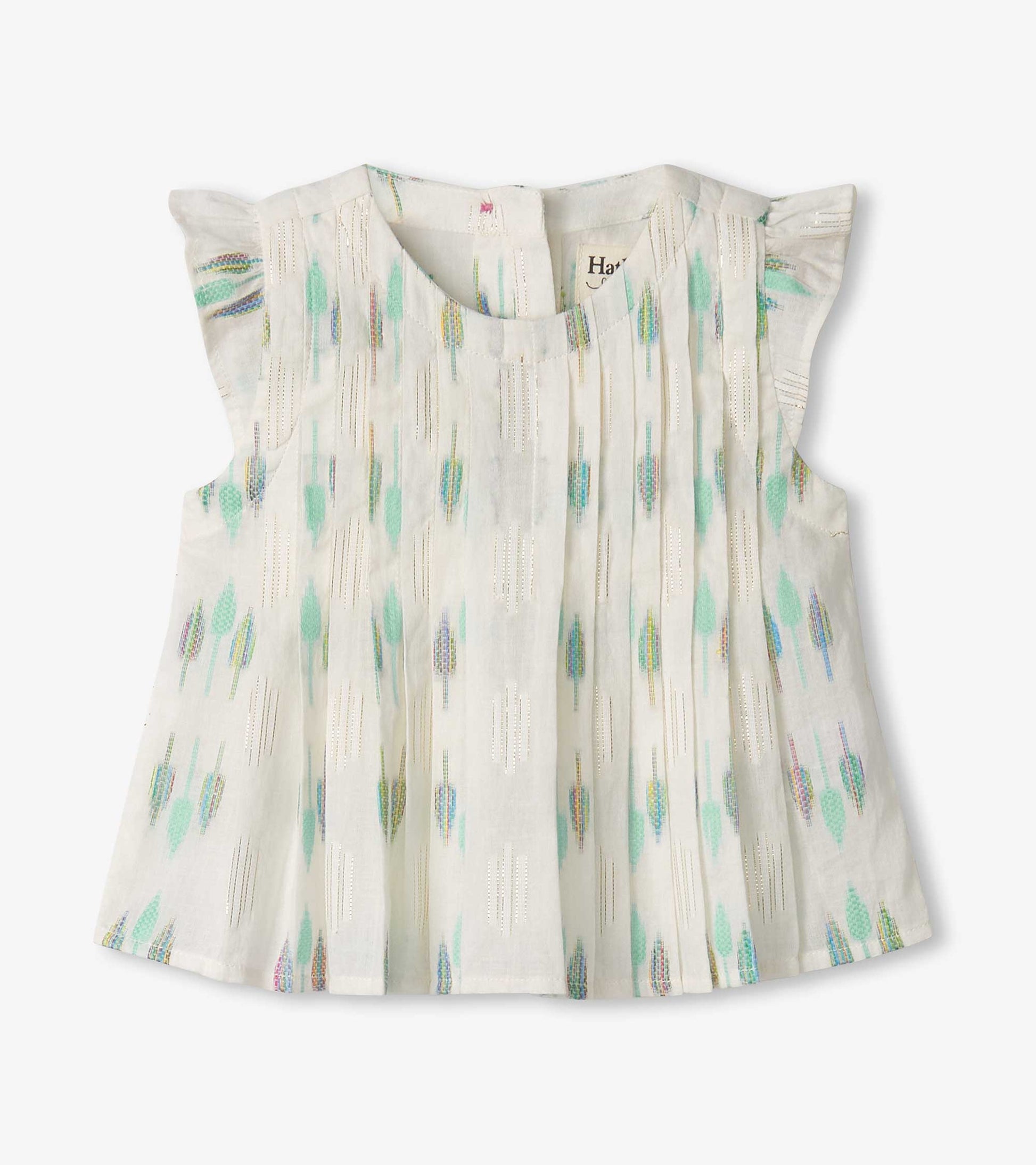 White top with blue feather pattern and pin tuck detailing, featuring ruffled sleeves for baby and toddler girls.